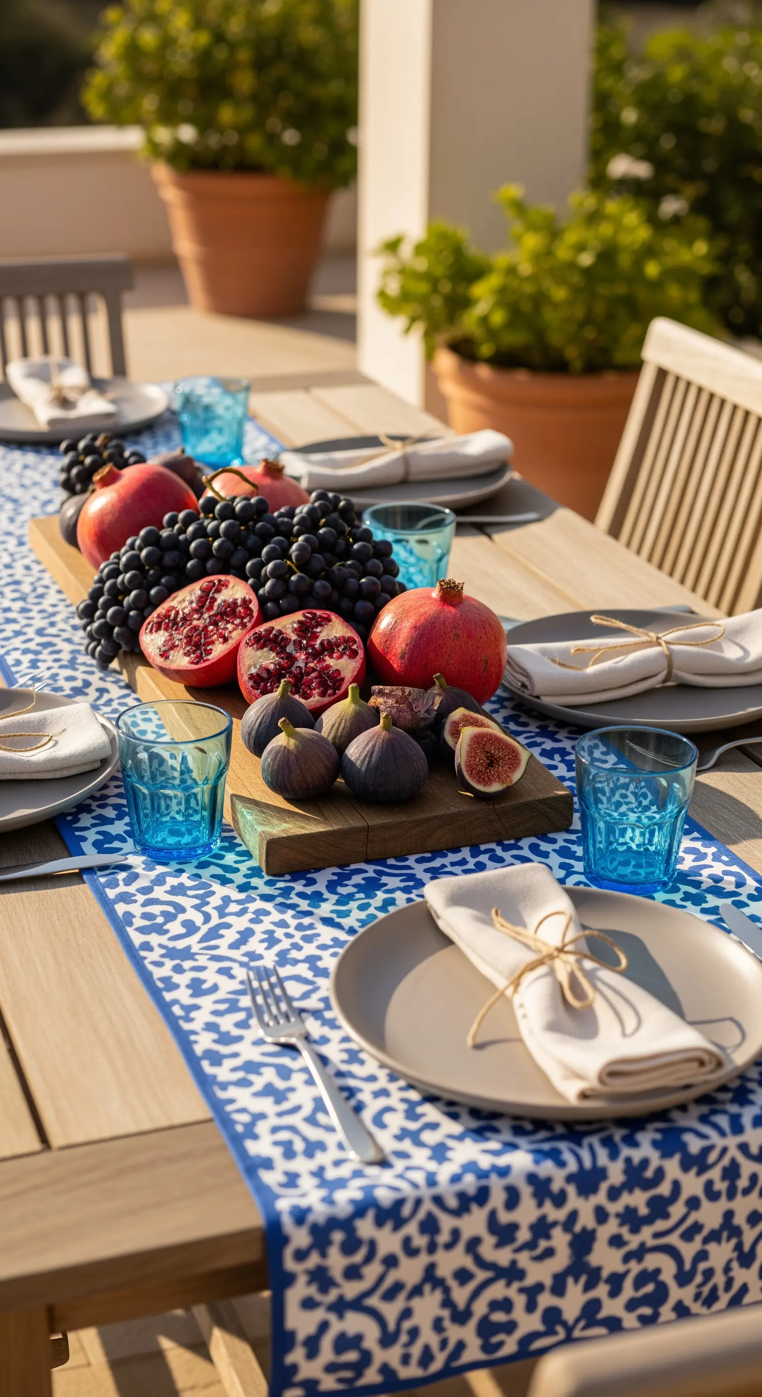 Brunch in terrazza con runner blu, melograni, fichi e uva.