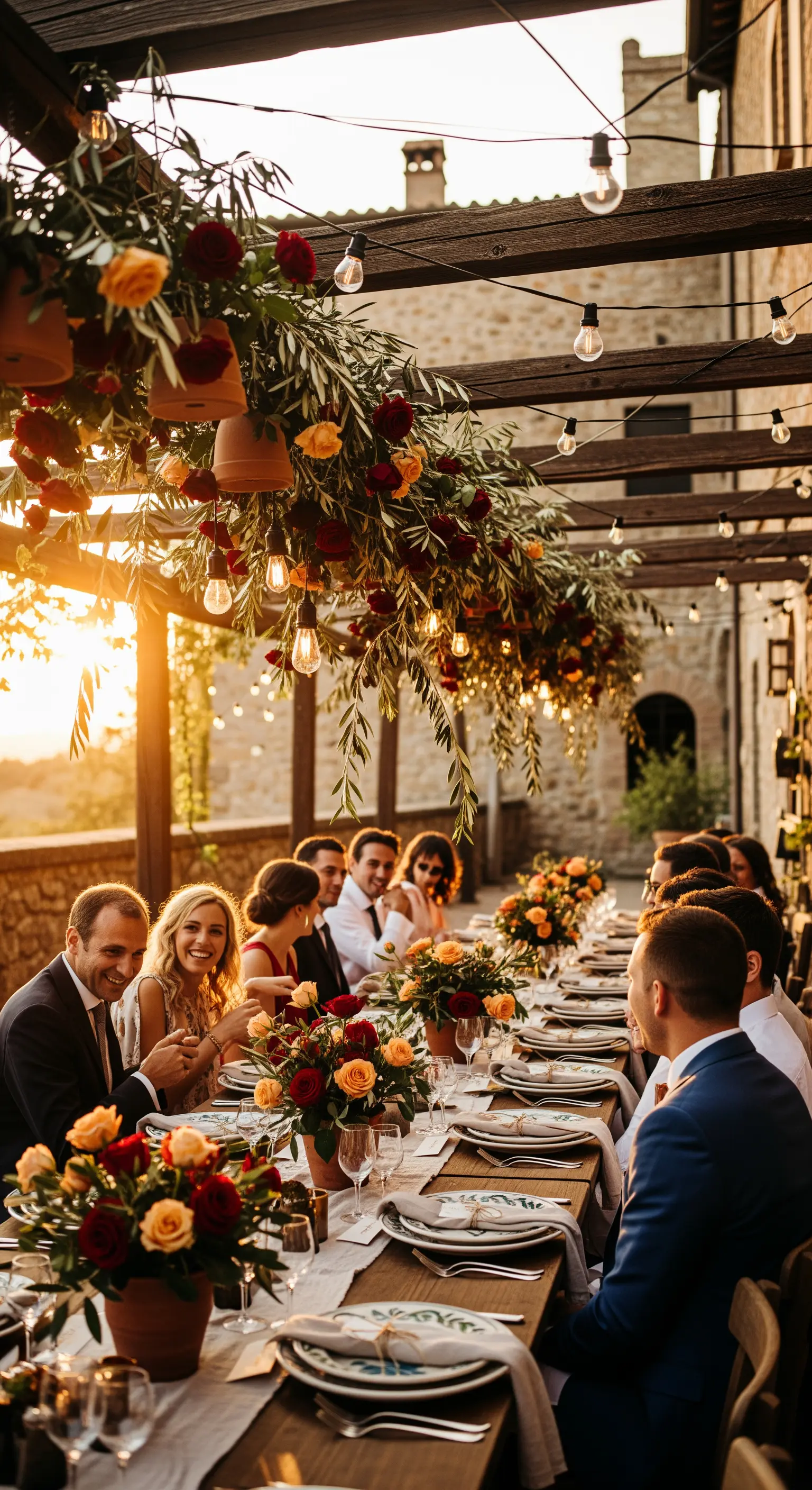 Un pergolato decorato con rami d'ulivo, rose calde e lampadine per una cena estiva.