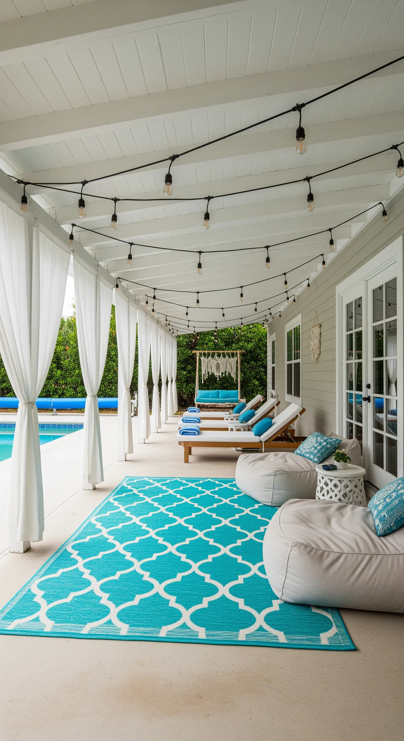 Veranda a bordo piscina con tappeto turchese, pouf bianchi e tende leggere.