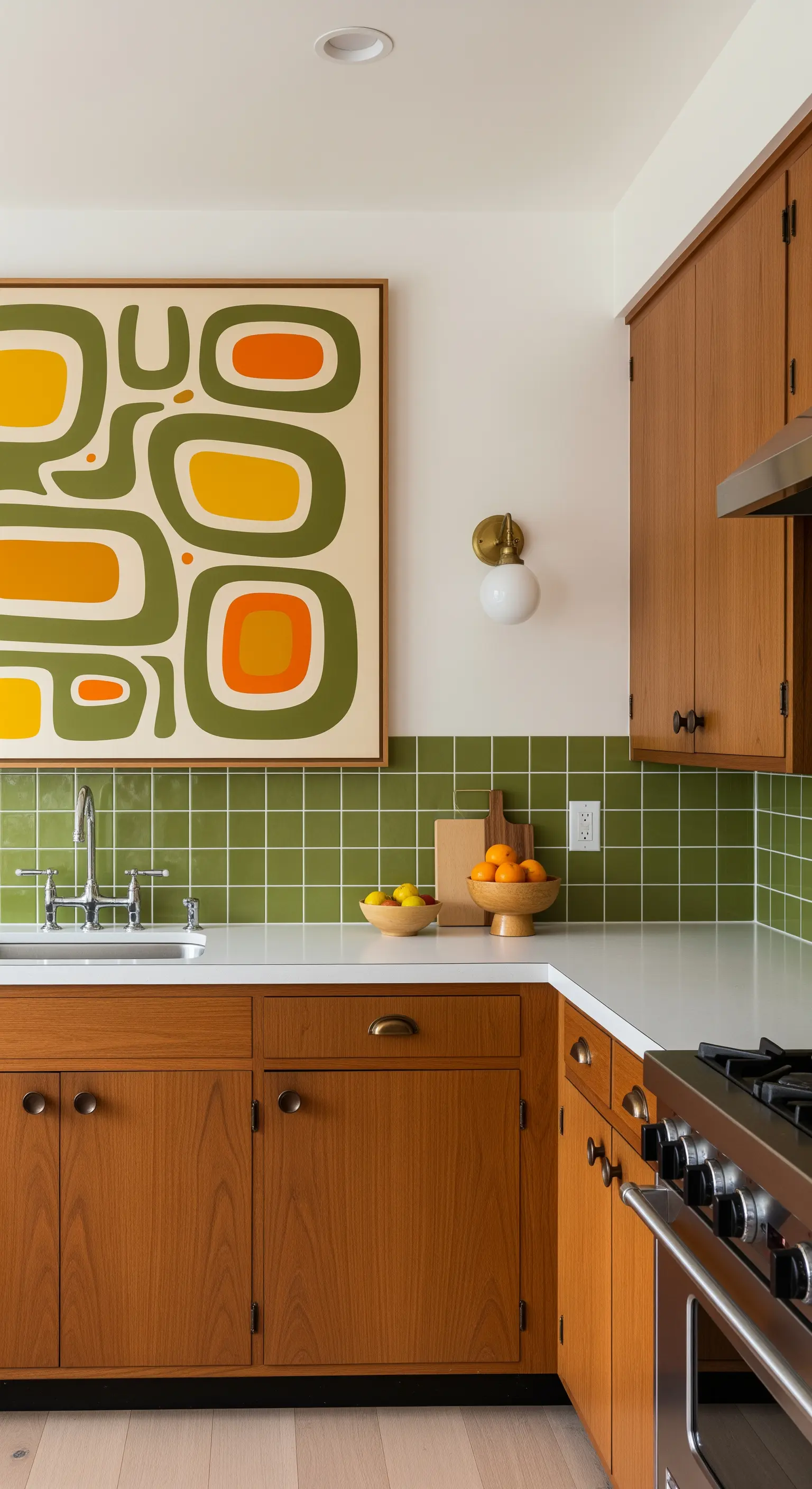 Cucina in stile mid-century con piastrelle verdi e un quadro con grafica retrò.