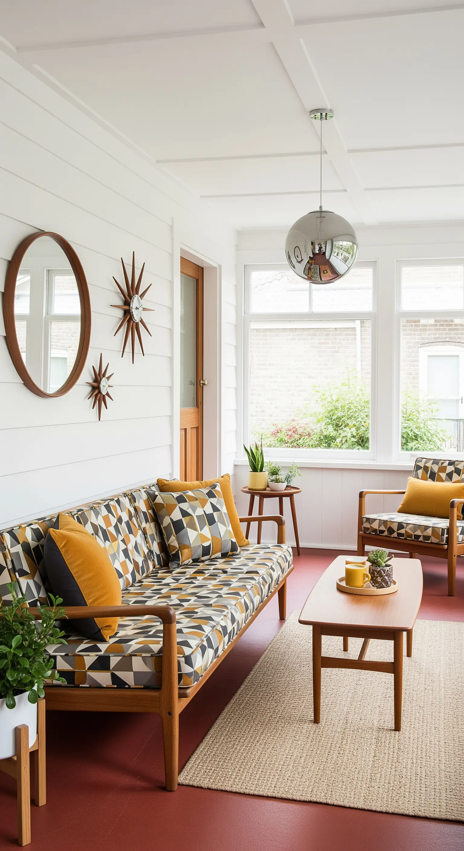 Veranda Mid-Century con divano a motivi geometrici, specchio rotondo e orologi a raggiera.