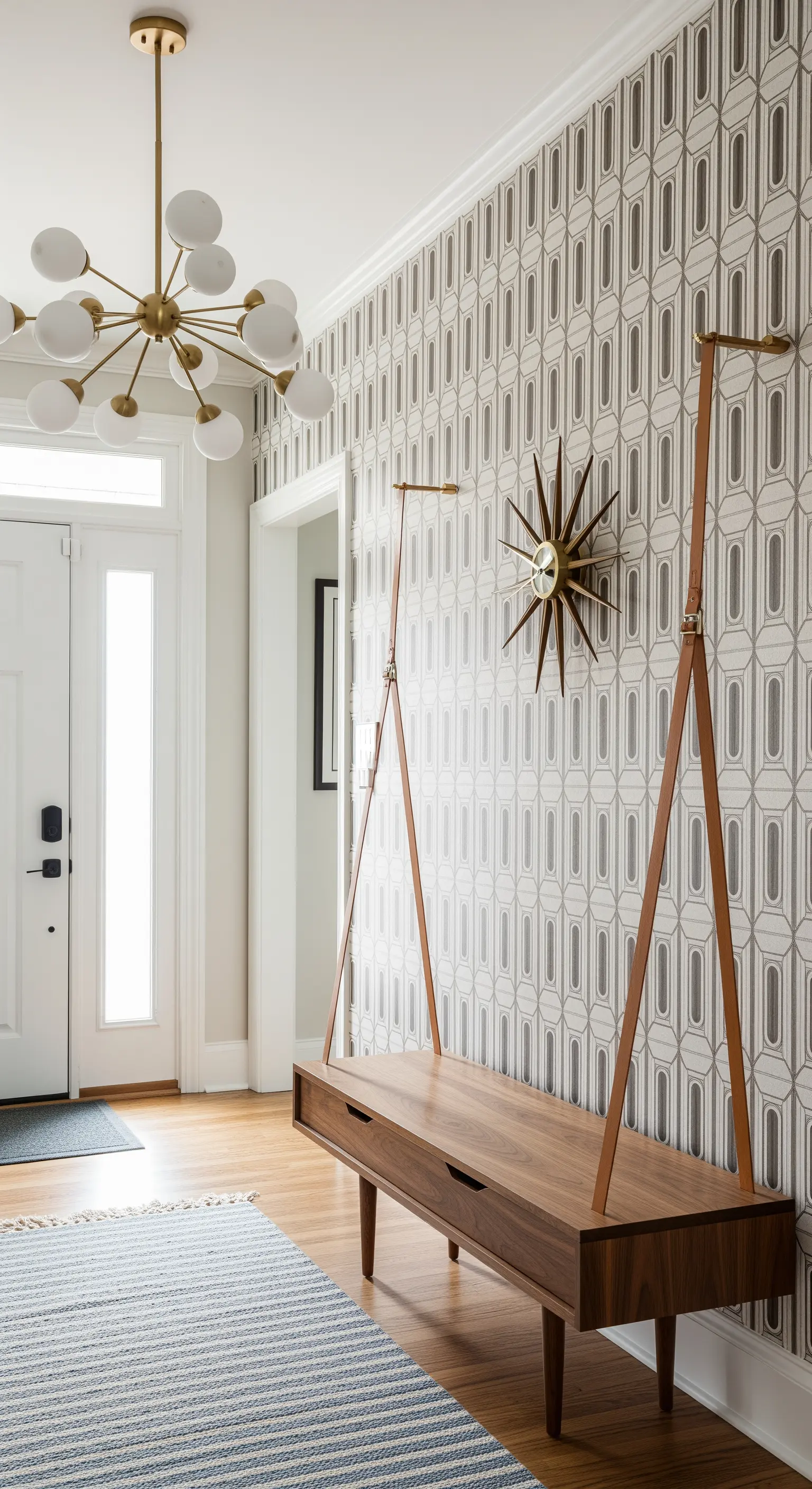 Panca in stile credenza Mid-Century con cinghie in pelle e carta da parati geometrica.