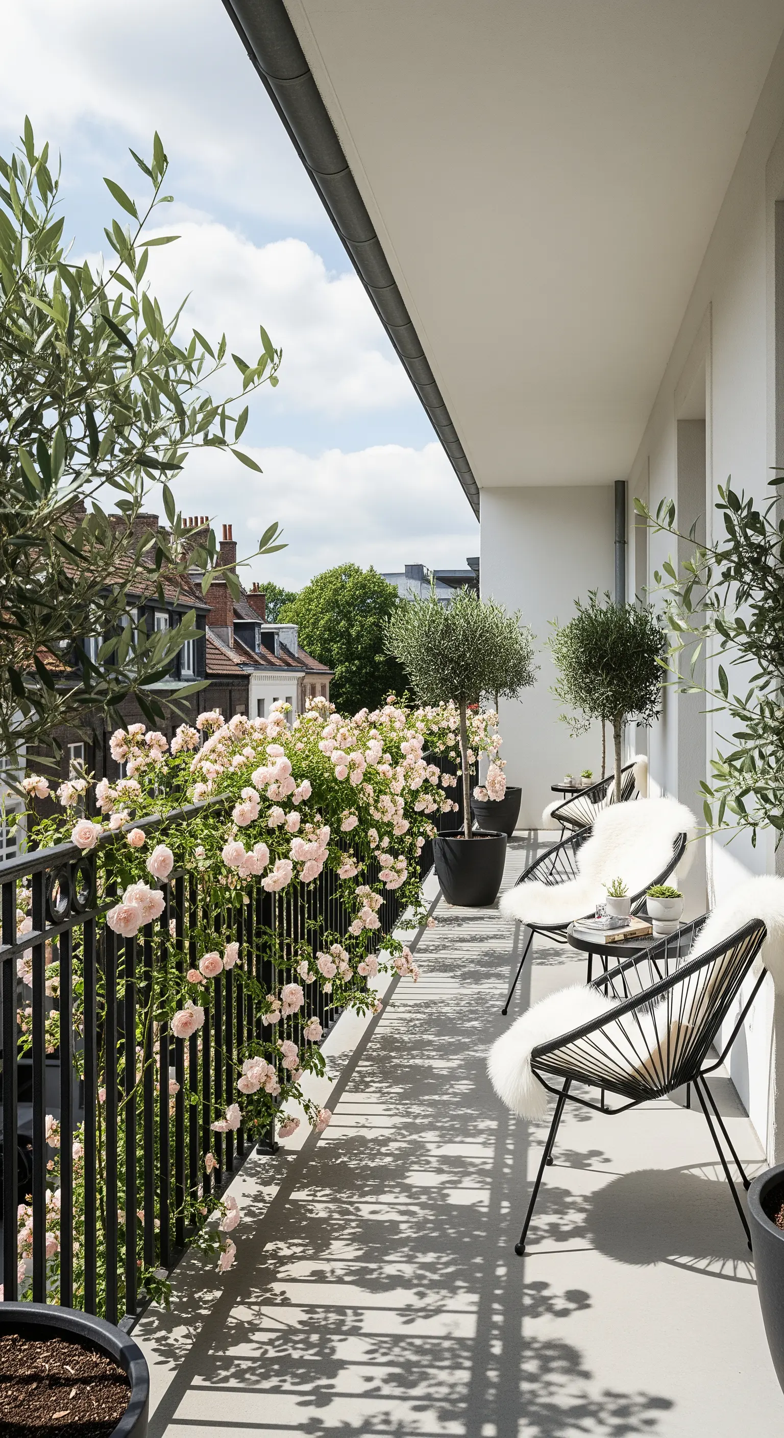 Balcone moderno con sedie di design nere e una cascata di rose rosa chiaro.