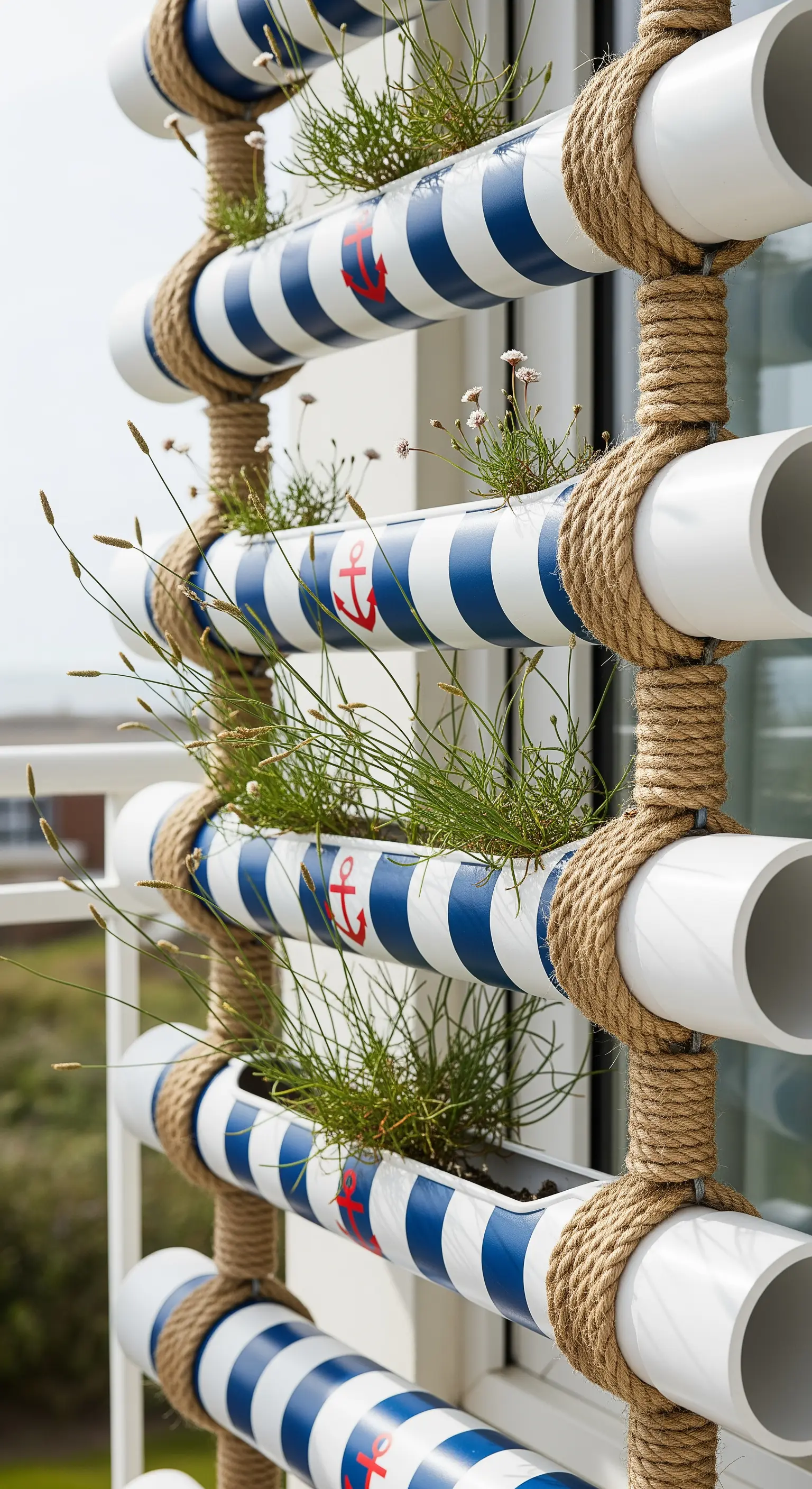 Fioriera a parete con tubi a righe bianche e blu e corde di iuta avvolte.