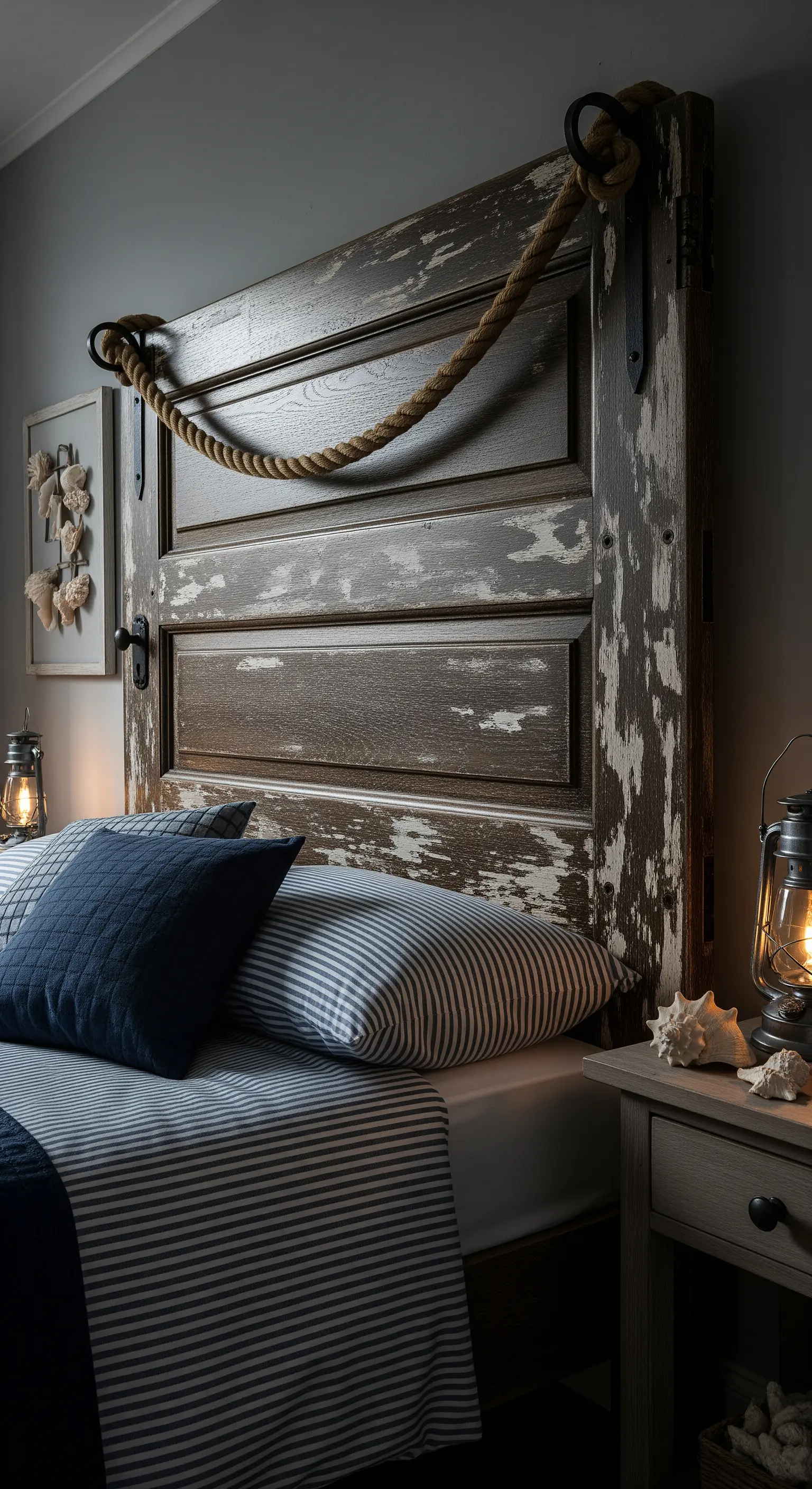 Testiera in legno scuro scrostato, con una spessa corda in stile nautico.