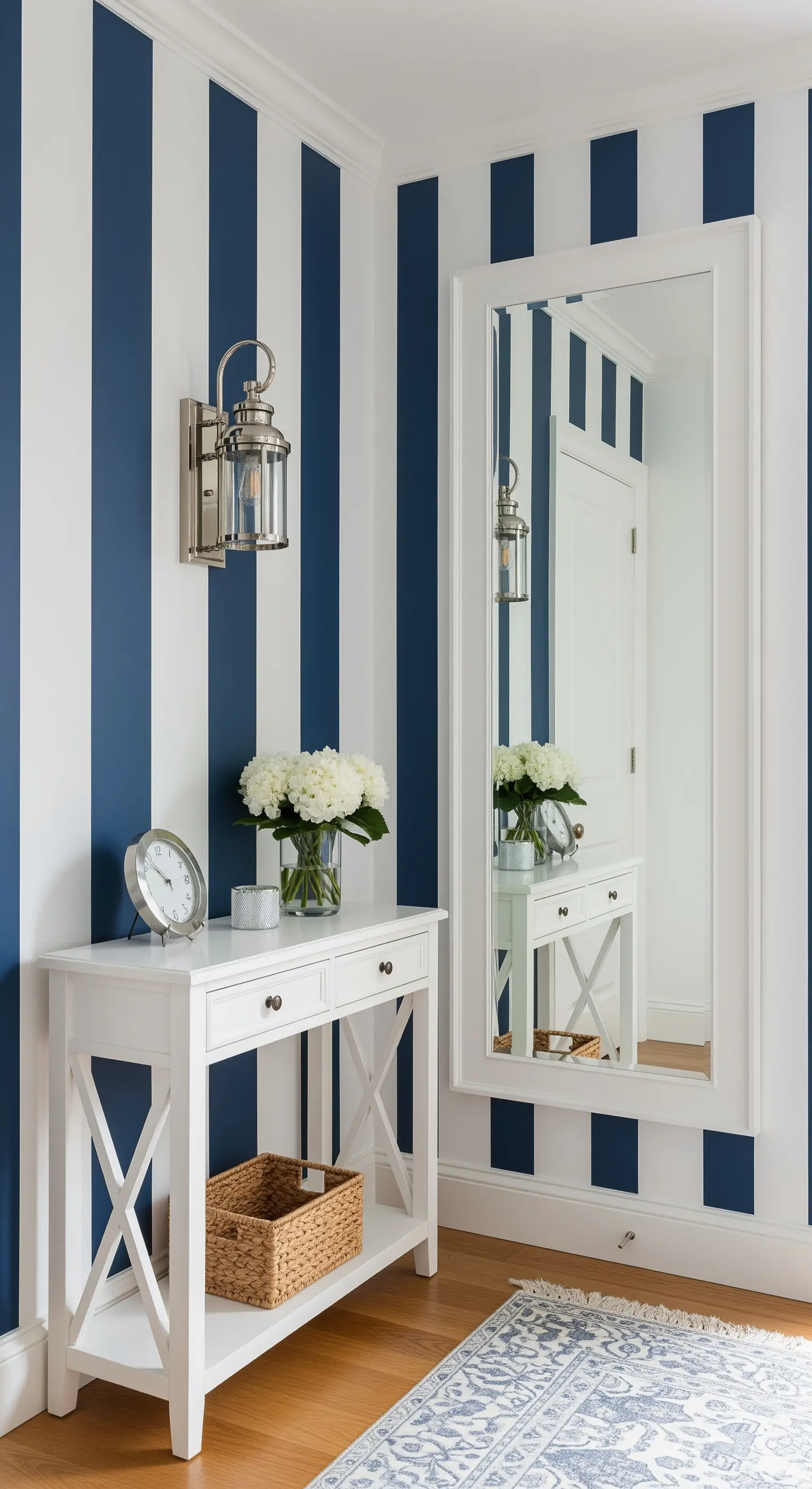 Ingresso a righe verticali blu e bianche, con consolle e specchio bianchi.