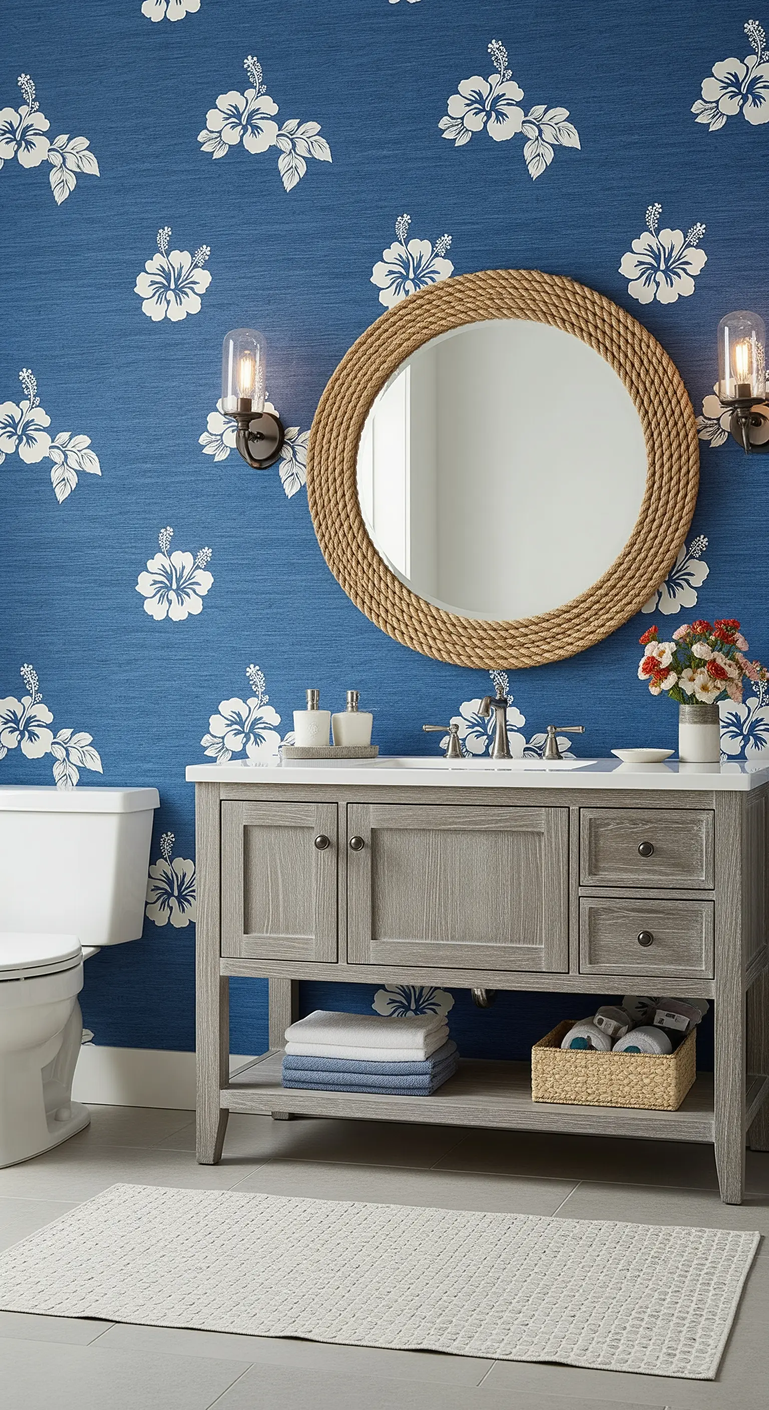 Bagno con carta da parati blu a fiori bianchi e specchio con cornice in corda.
