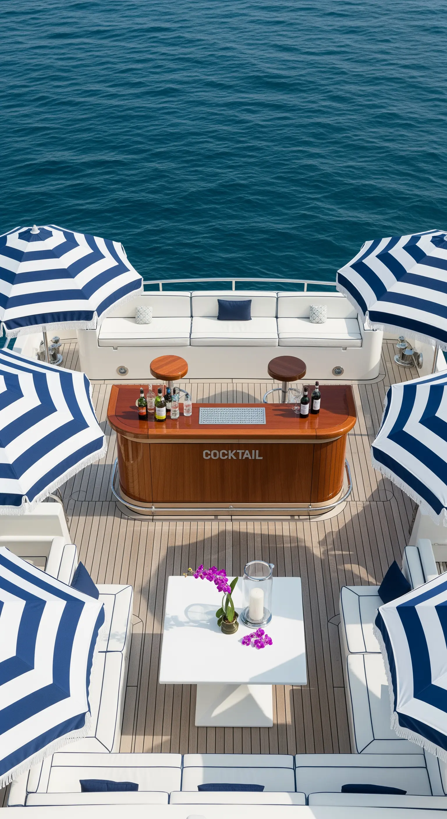 Ponte di uno yacht con cocktail bar in legno e ombrelloni a righe bianche e blu