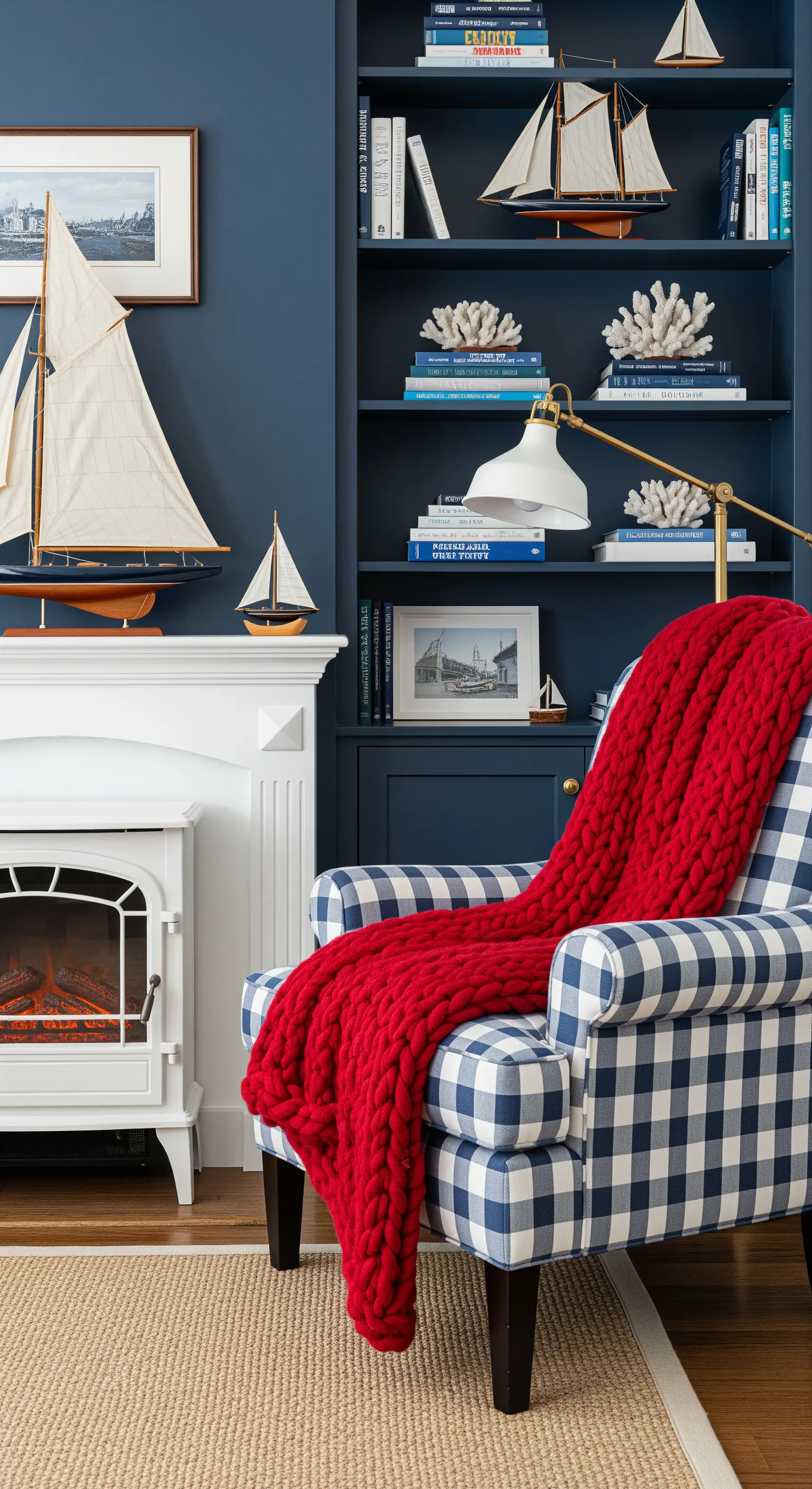 Angolo lettura in stile nautico con pareti blu navy e poltrona a quadri Vichy.