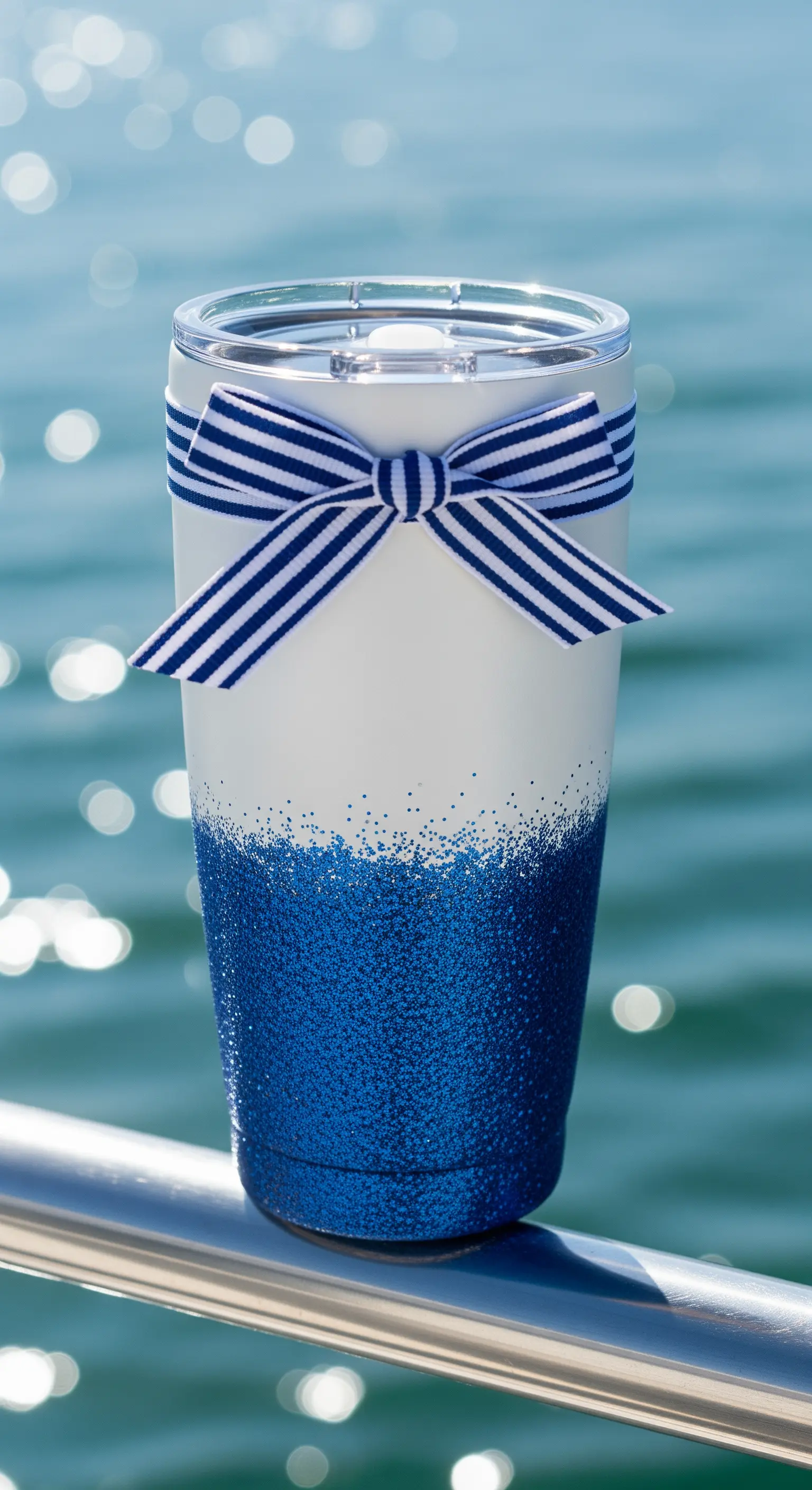 Borraccia termica con base glitterata blu e un fiocco a righe marinare.