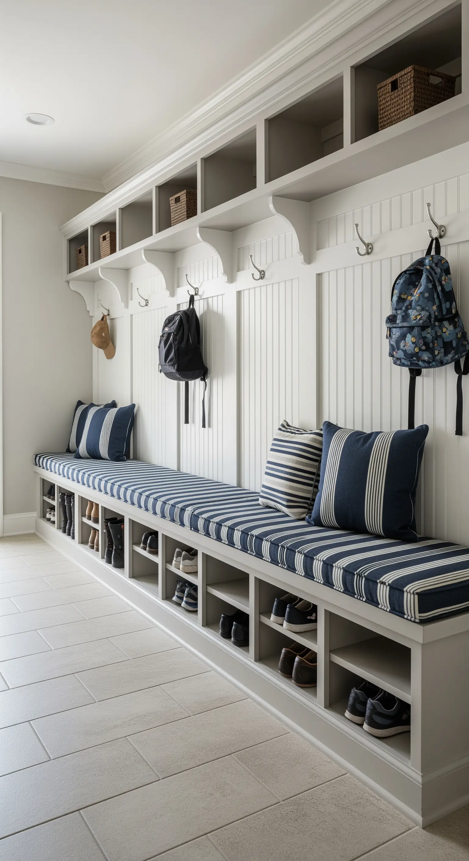 Lunga panca da ingresso bianca con vani aperti e un cuscino a righe blu e bianche.