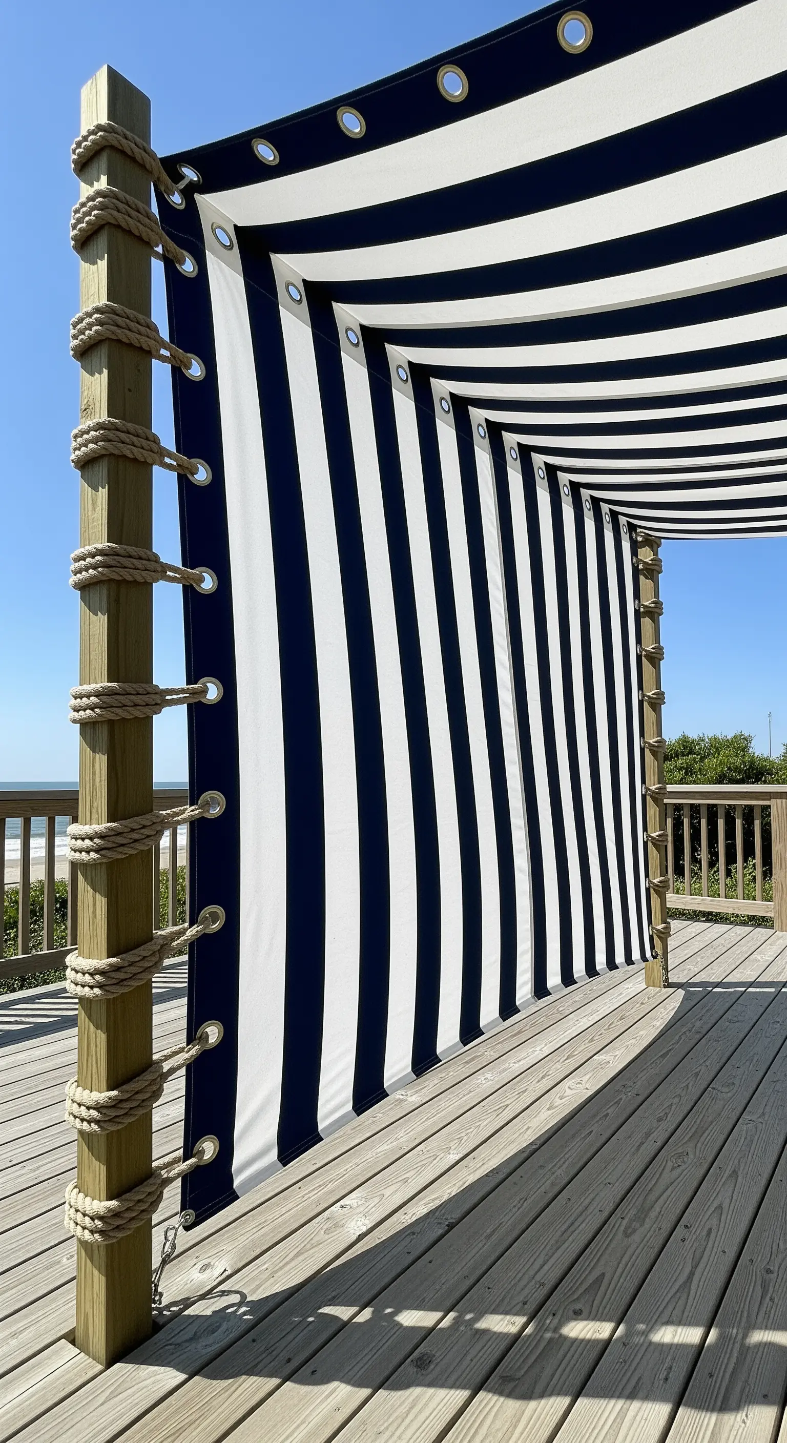 Tenda da sole a righe bianche e blu navy fissata con corde a pali di legno.