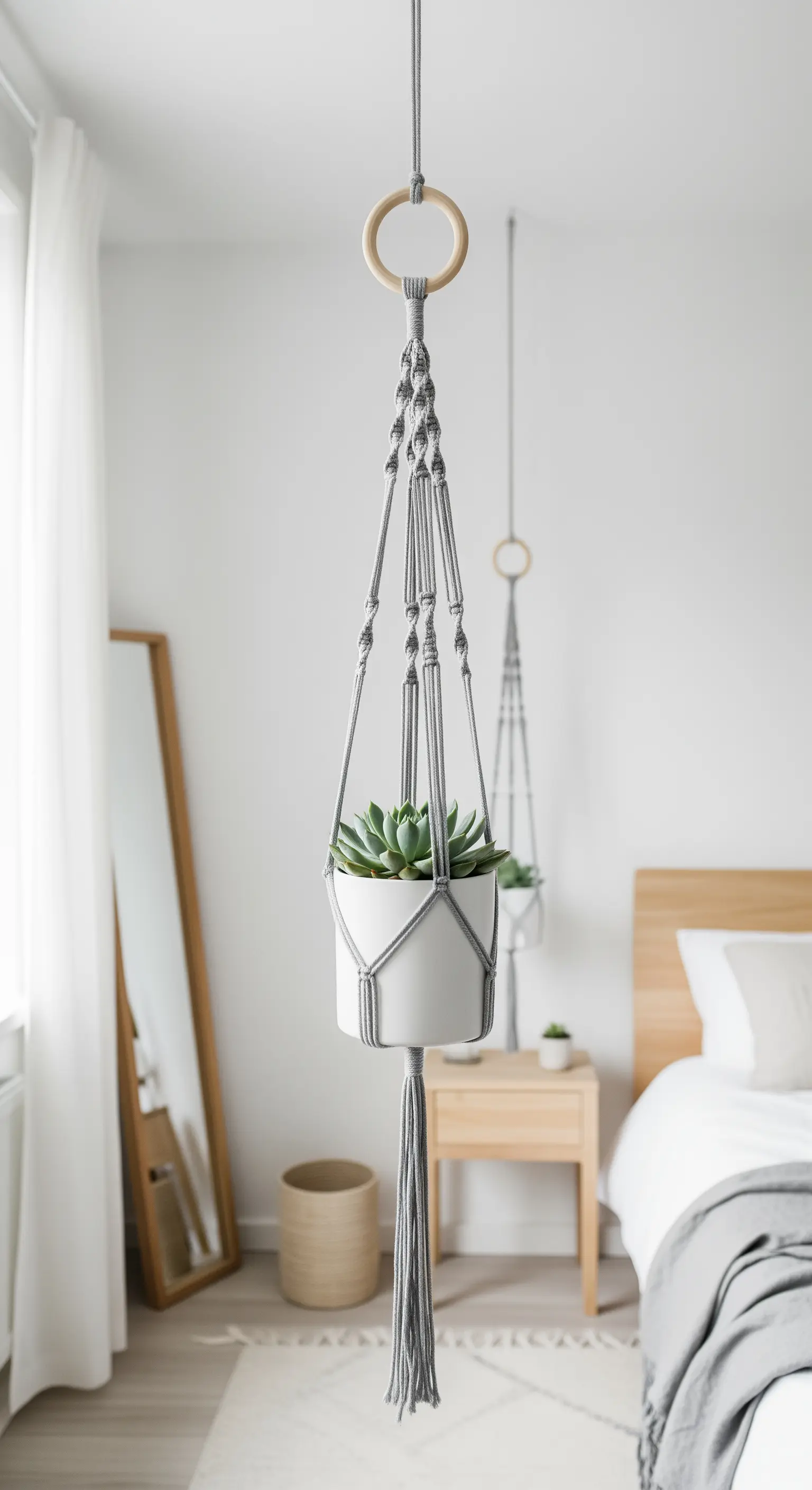 Portavasi in macramè grigio con pianta succulenta in una camera da letto in stile scandinavo.