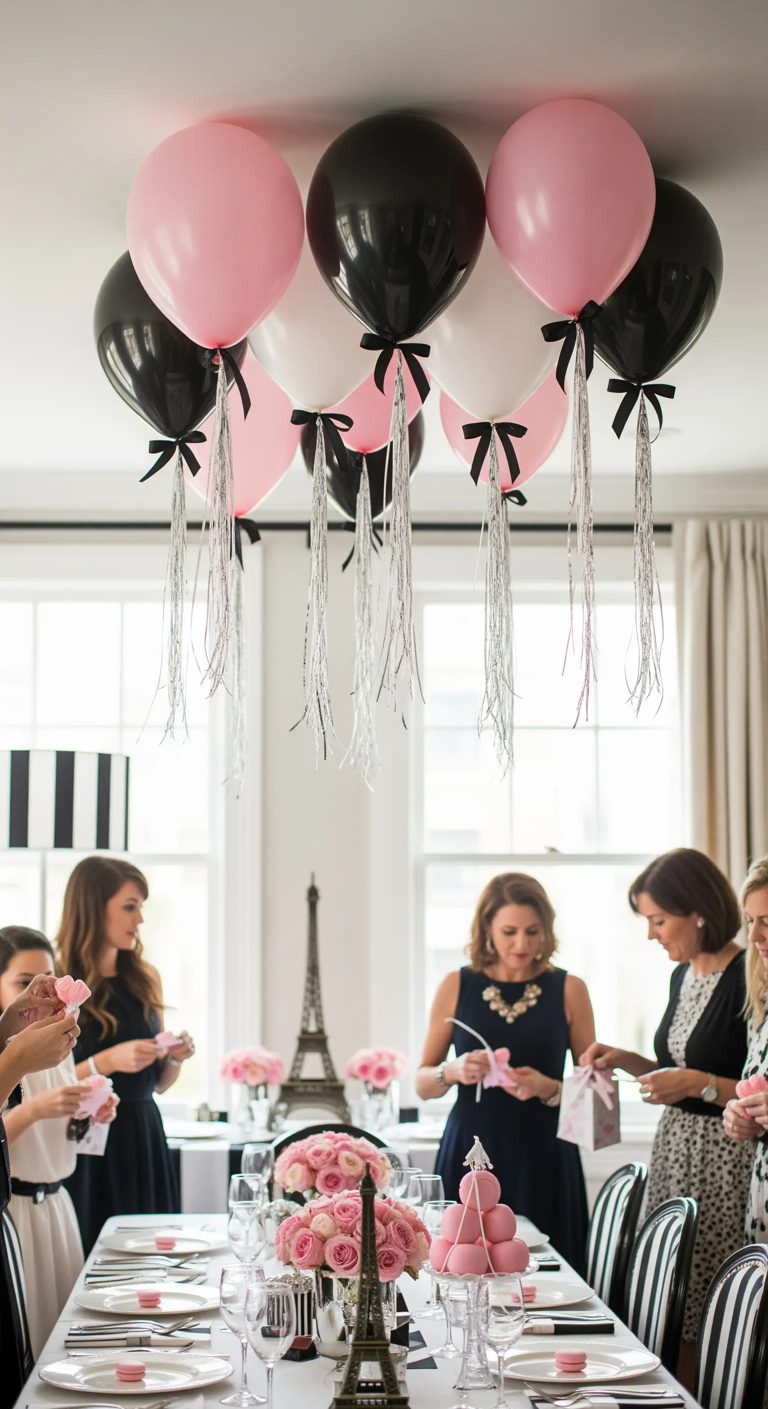 Bouquet di palloncini rosa, neri e bianchi con fiocchetti neri e frange argentate.