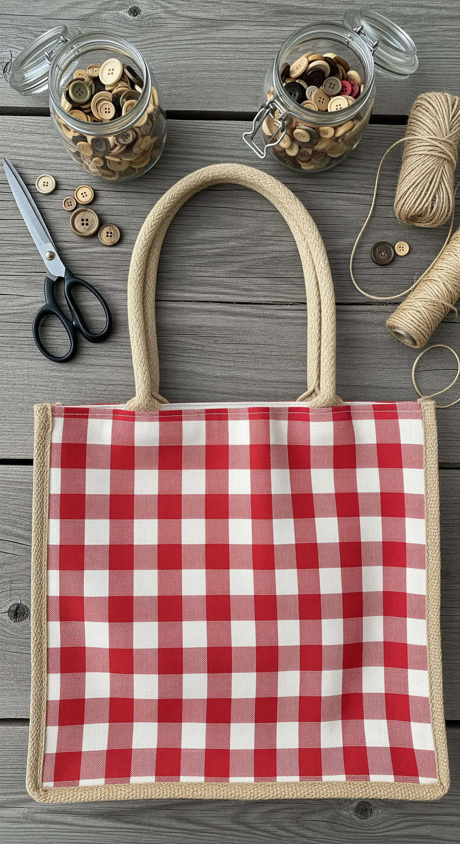 Borsa a quadretti rossi e bianchi con manici in corda e bordi in juta.