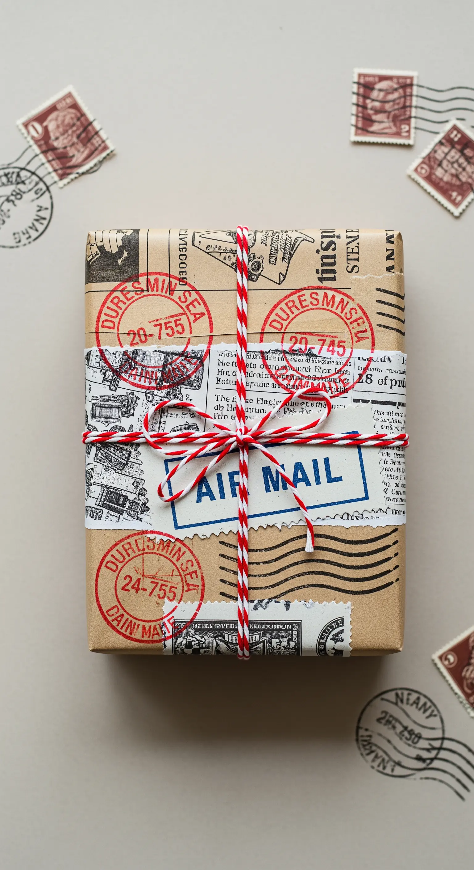 Pacco regalo in stile postale vintage con timbri, etichetta Air Mail e spago rosso e bianco.