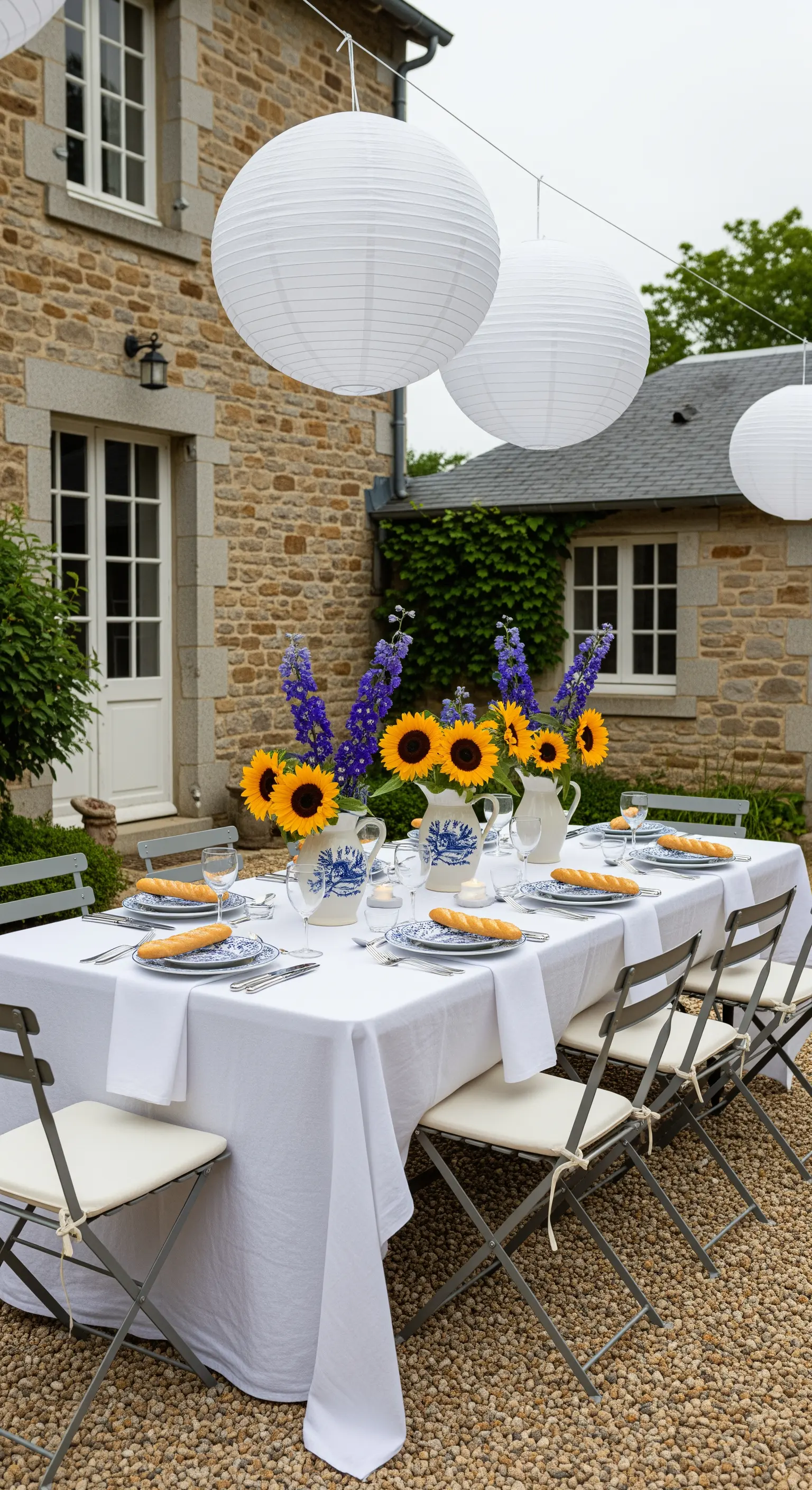 Tavola in un cortile di pietra con lanterne di carta, girasoli e brocche di ceramica blu.