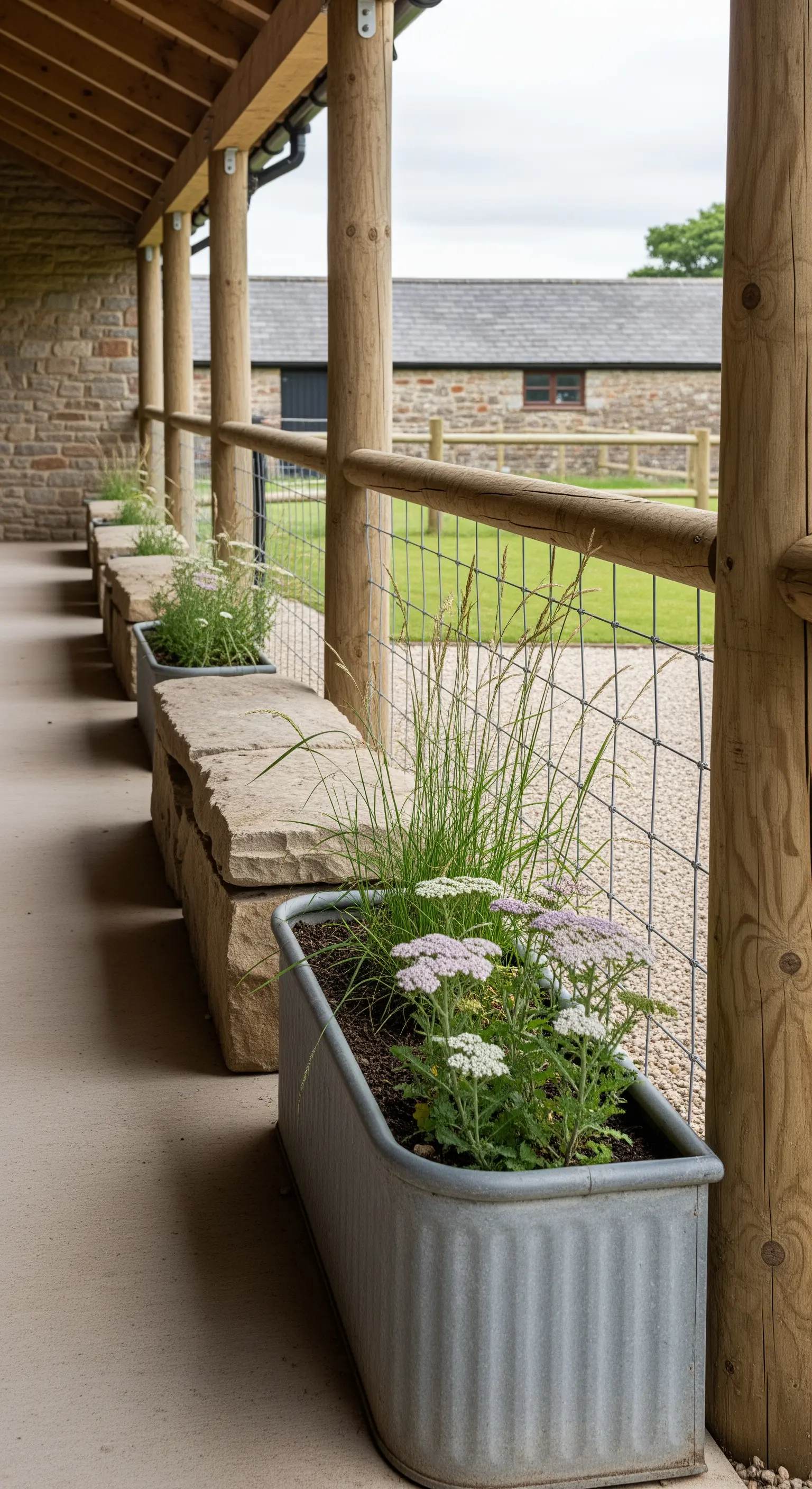 Portico in stile ranch con panche in pietra e lunghe fioriere in metallo zincato.