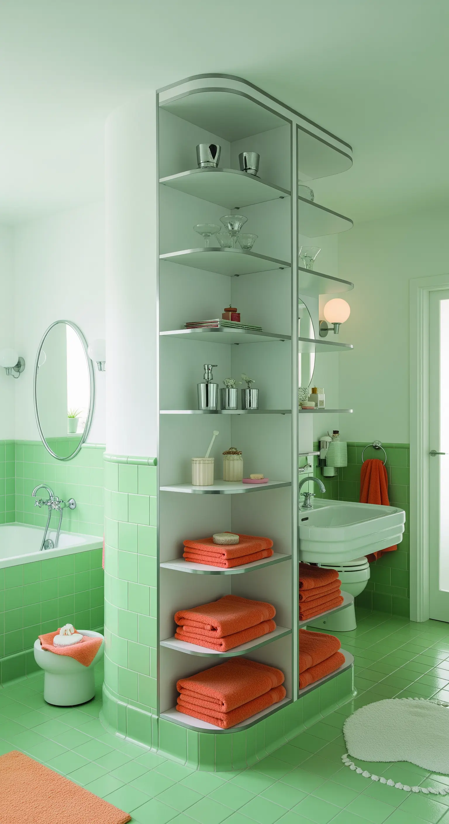 Libreria curva bianca e grigia attorno a un pilastro in un bagno verde menta con asciugamani arancioni.