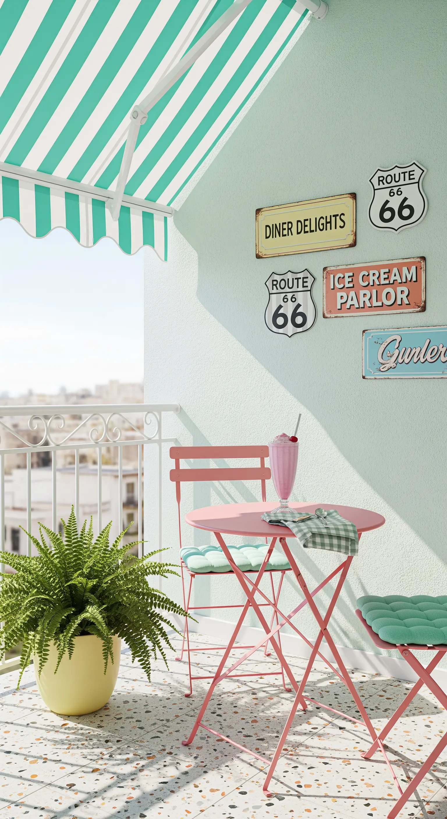 Balcone in stile retrò con tenda verde menta, arredi rosa e insegne vintage.