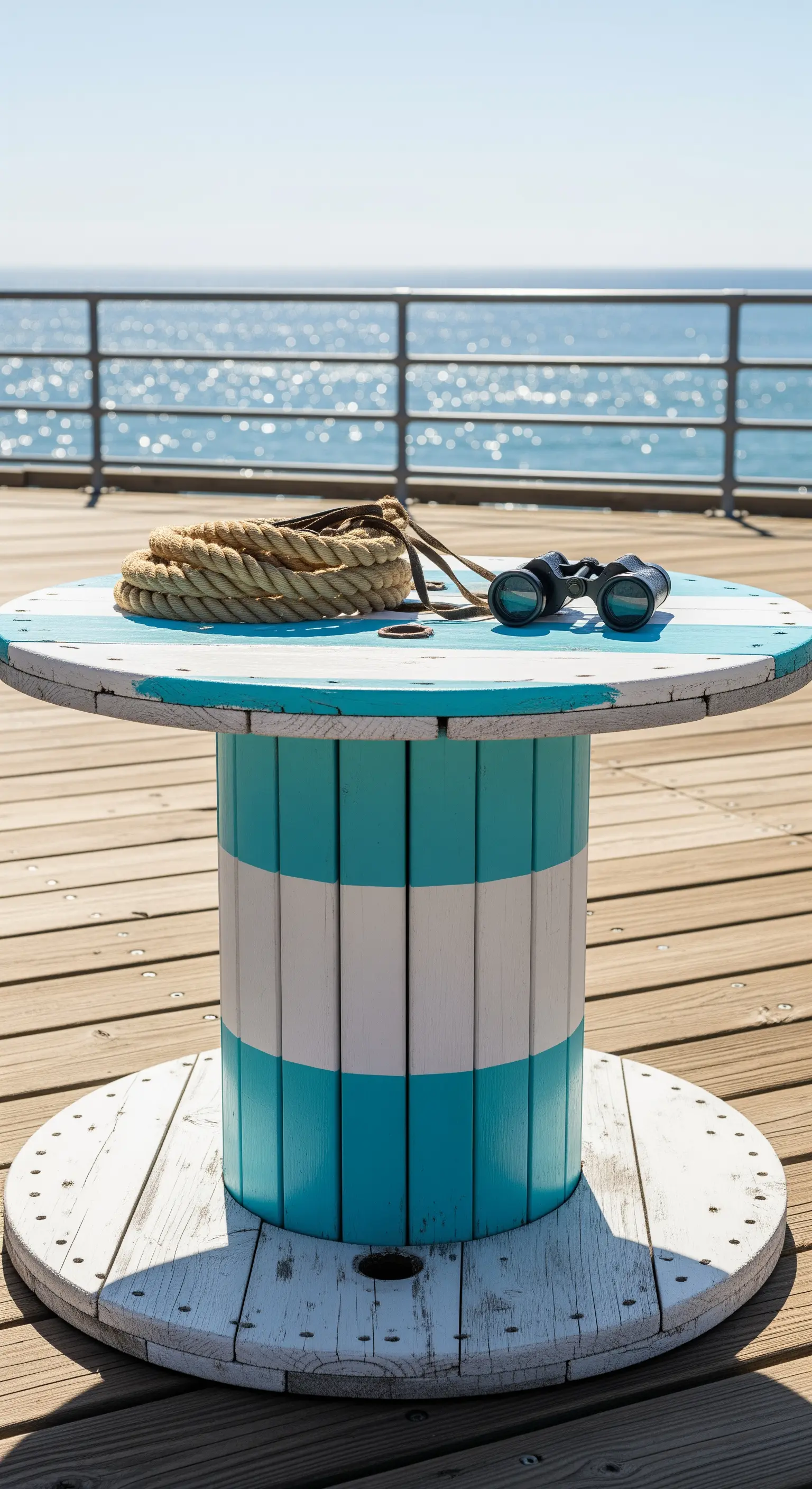 Tavolino a bobina con base a righe bianche e blu, posizionato su un molo di legno.