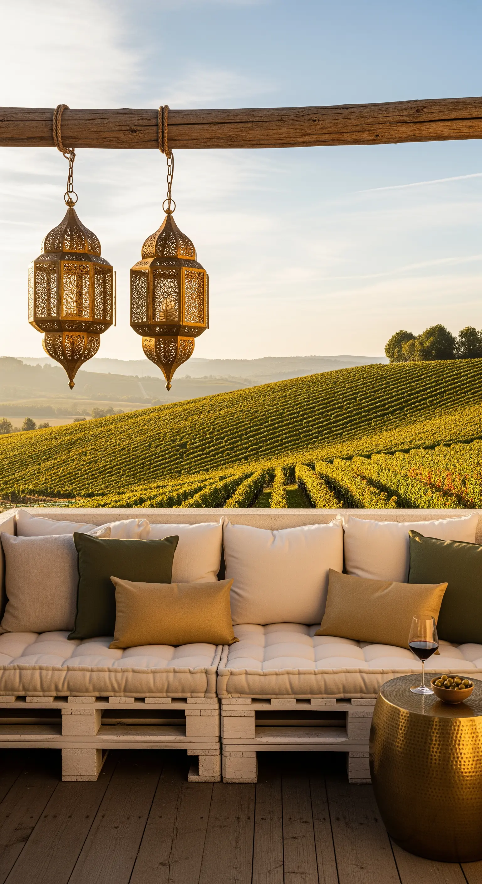 Divano fatto con pallet bianchi e grandi cuscini, con lanterne e tavolino dorati, vista vigneti.