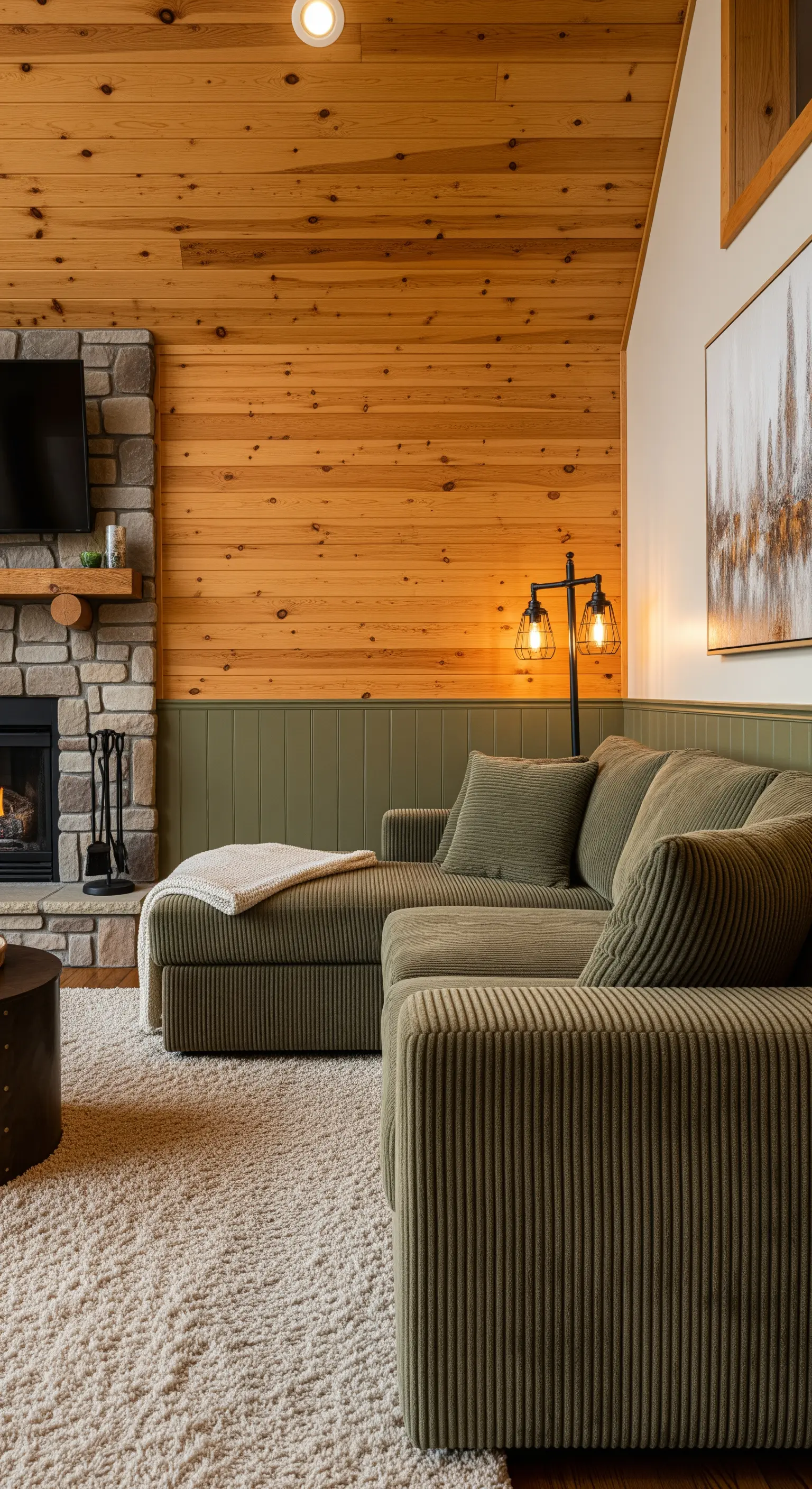 Divano angolare in velluto a coste verde in un salotto rustico con boiserie coordinata.