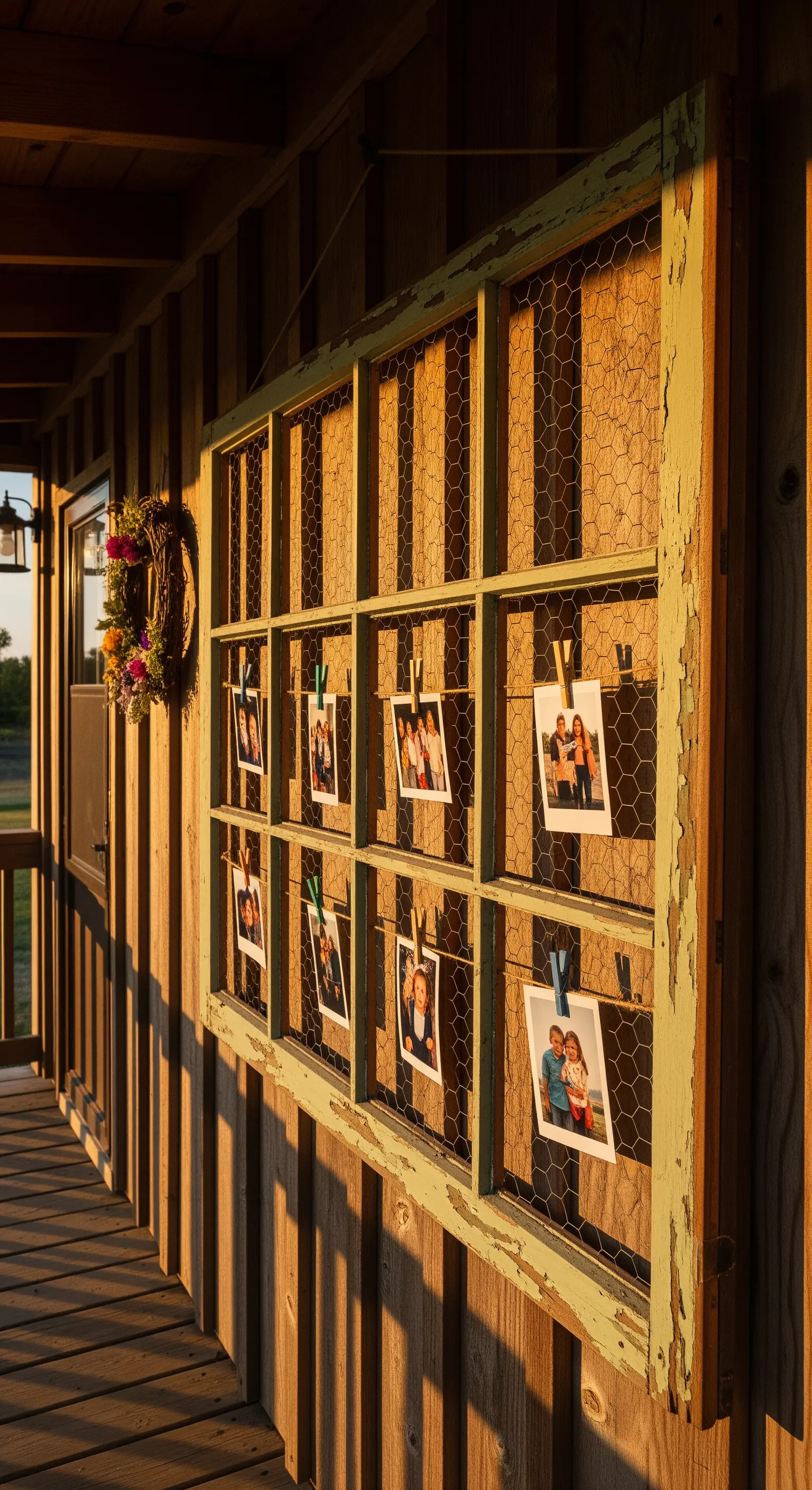 Vecchia finestra con rete metallica al posto del vetro, usata per appendere foto in una veranda.