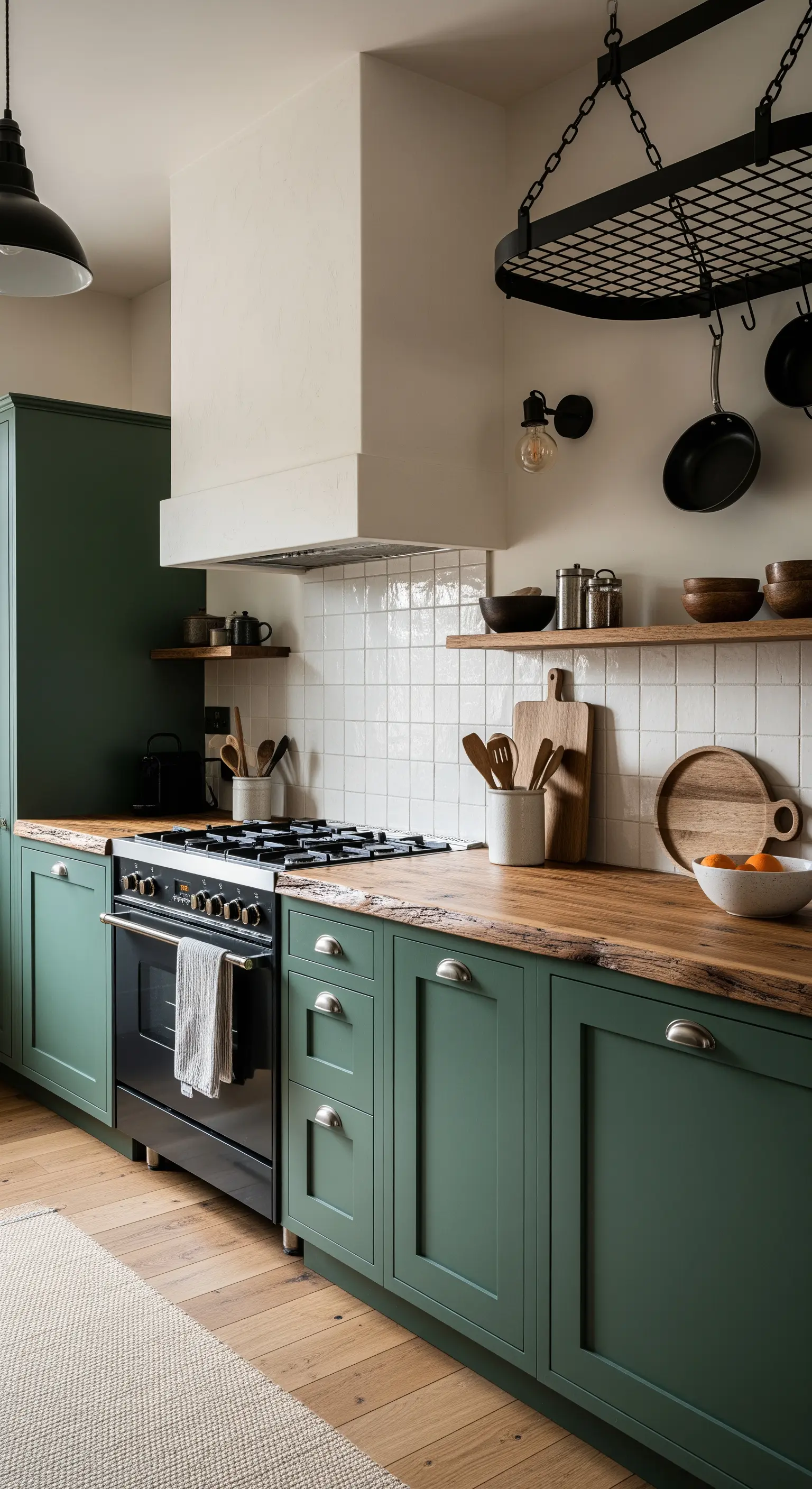 Cucina verde salvia con piano in legno, piastrelle bianche e un porta-padelle nero sospeso.