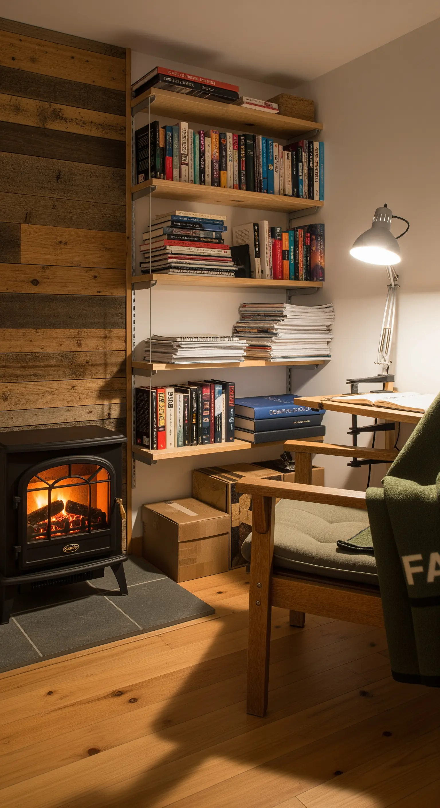 Angolo studio rustico con parete in legno di recupero, scaffali e piccola stufa elettrica.