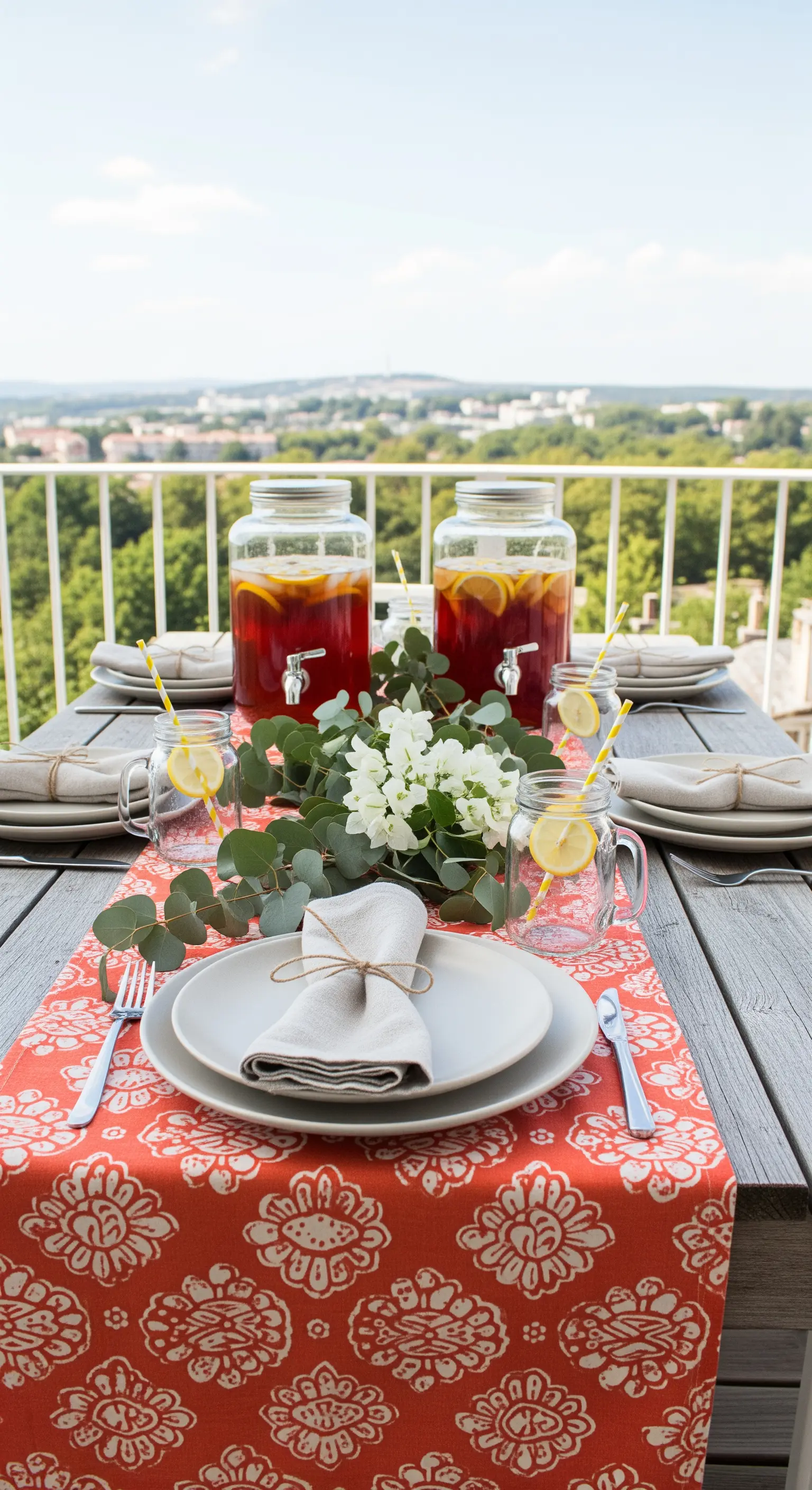 Tavola in terrazza con runner corallo, piatti neutri e dispenser per bevande.