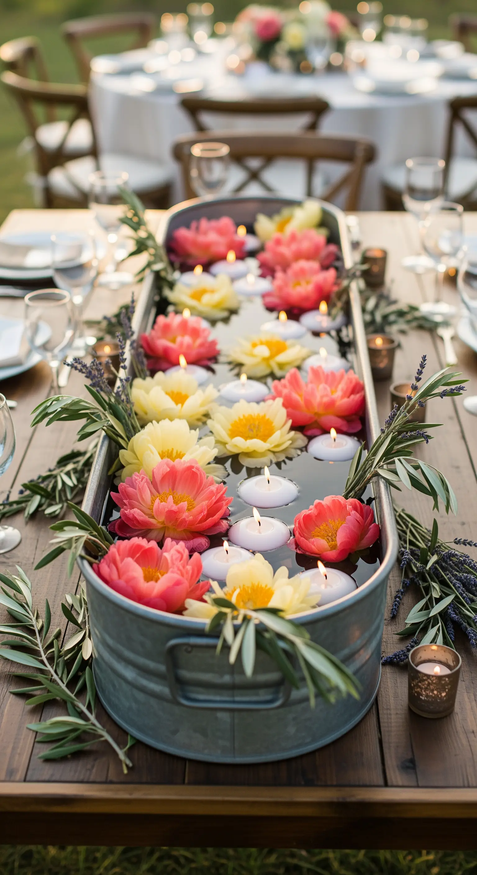 Contenitore in zinco con peonie corallo e gialle, candele galleggianti e rametti di ulivo.