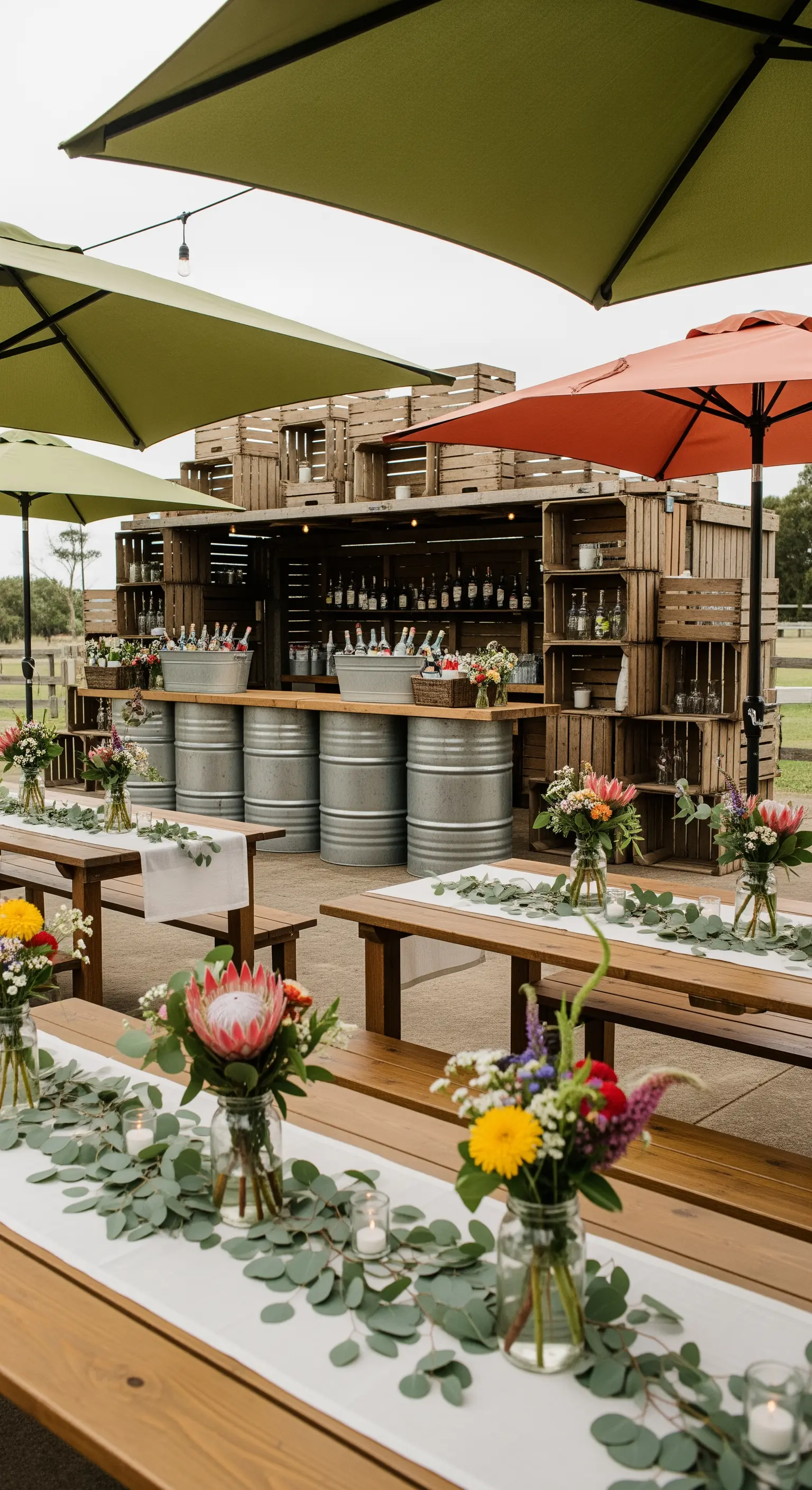 Cocktail bar rustico fatto di cassette di legno e tavolate con runner di eucalipto