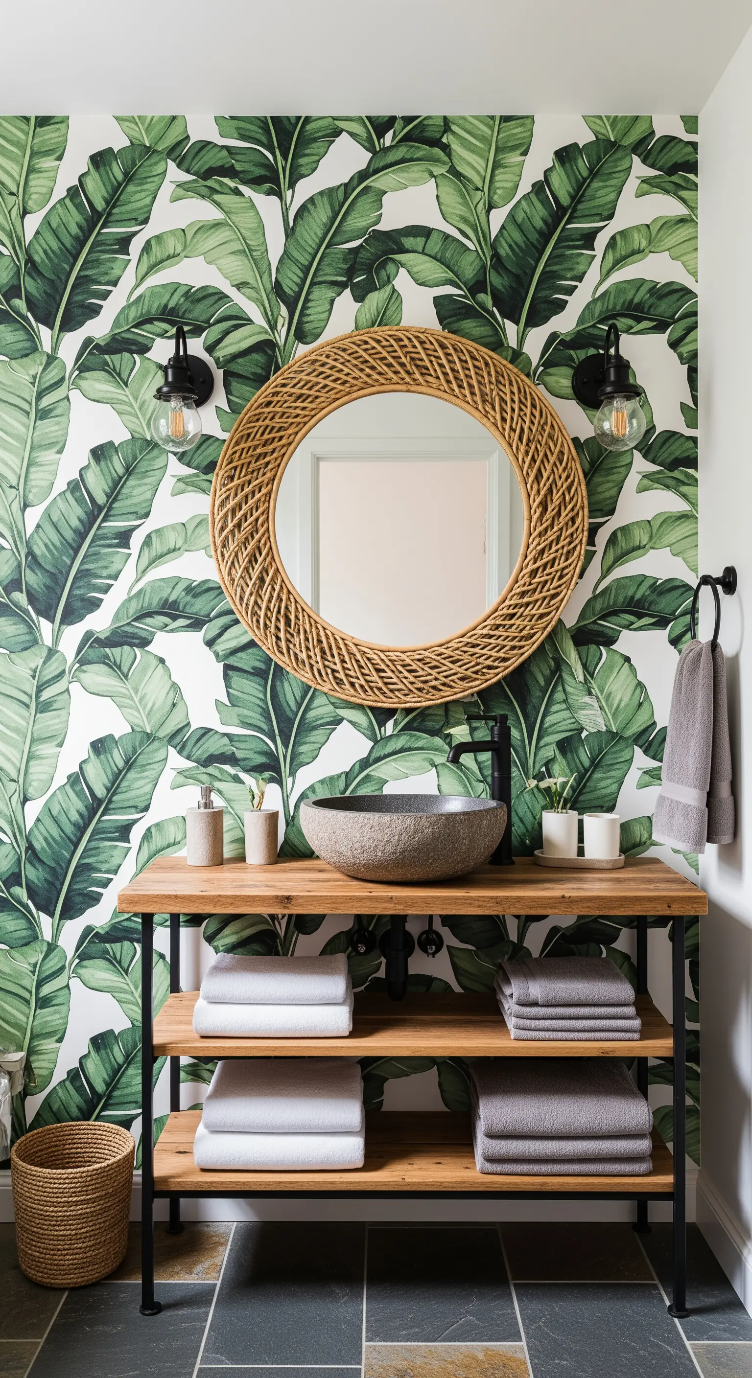 Bagno con carta da parati tropicale, mobile industriale e lavabo in pietra grezza.