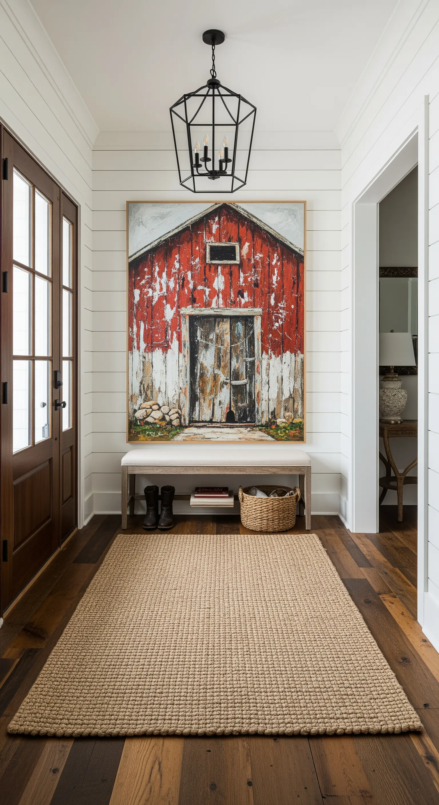 Ingresso in stile farmhouse con pareti a listoni, quadro di un fienile e tappeto in juta.