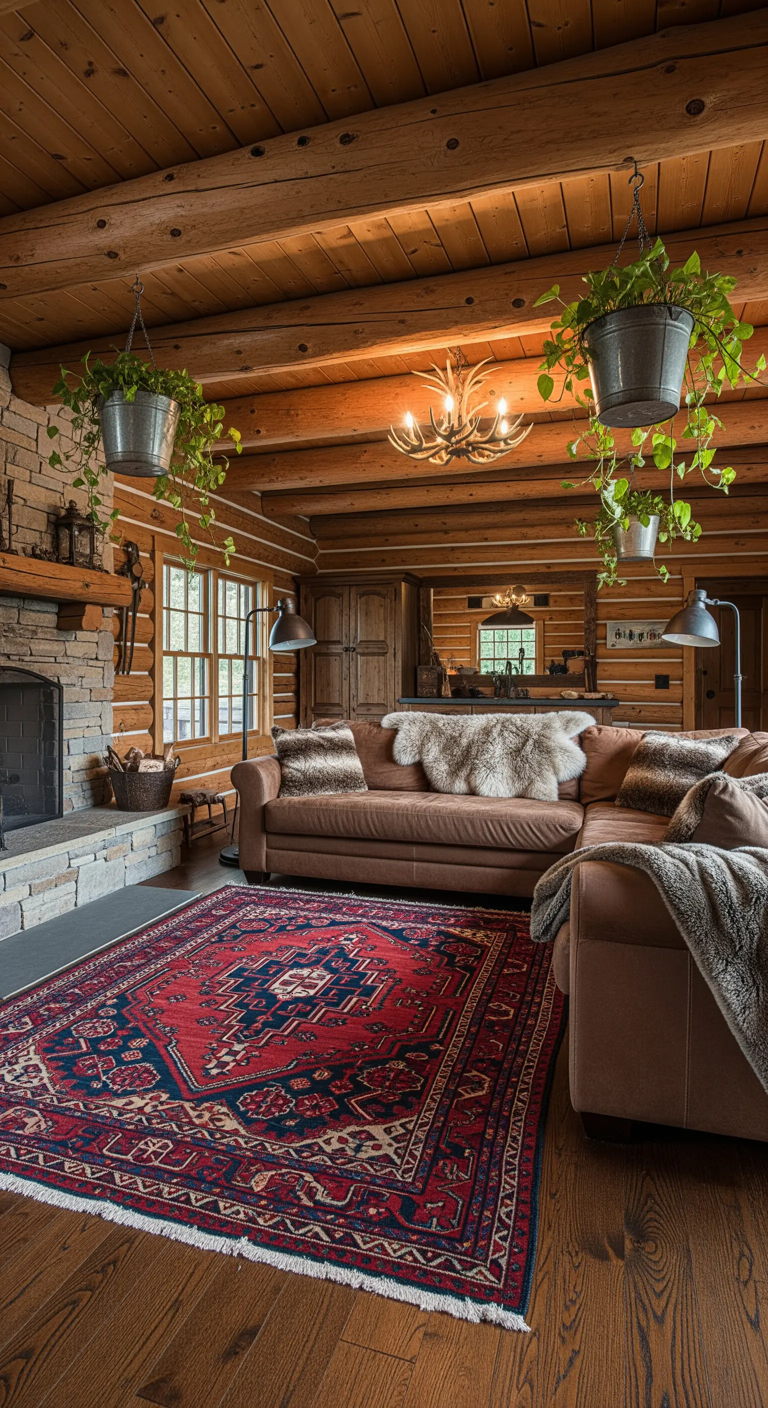 Salotto rustico in legno con piante sospese in vasi di metallo vicino a un camino in pietra.