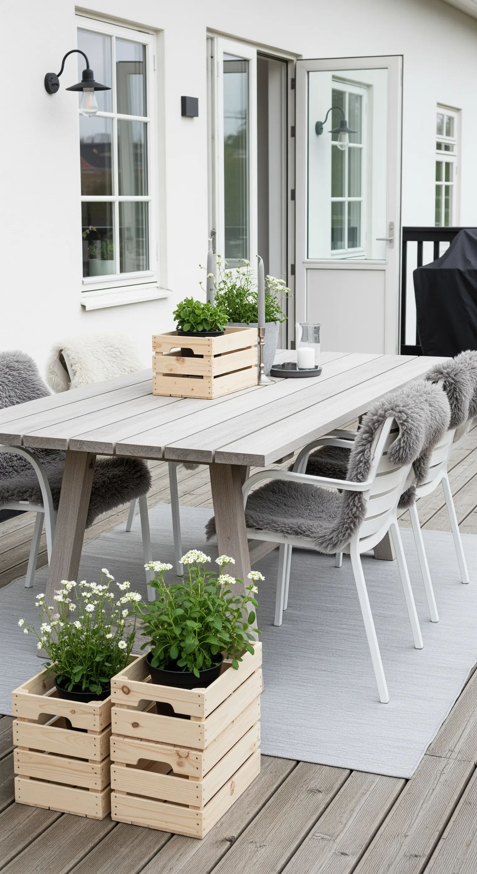 Patio in stile scandinavo con tavolo in legno chiaro e cassette usate come fioriere