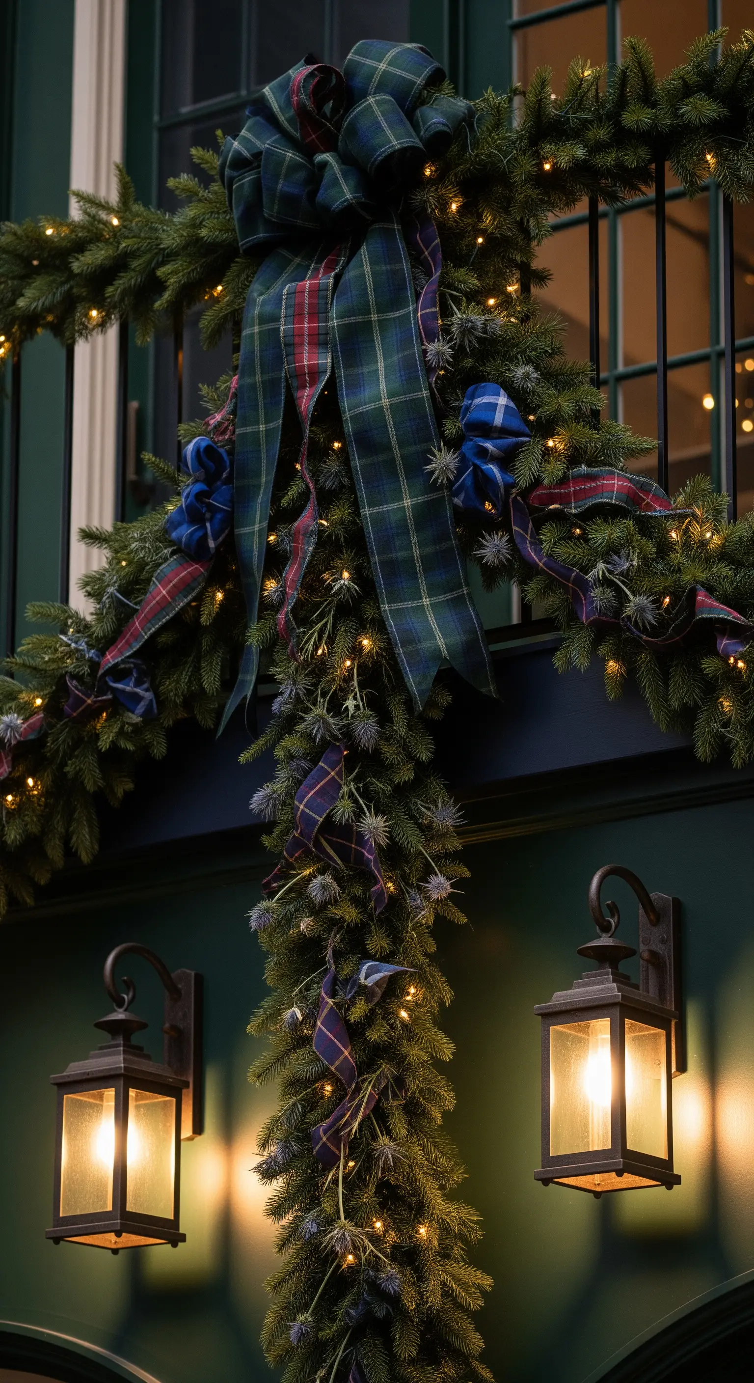 Decorazione verticale con ghirlanda di pino, un grande fiocco in tartan e lanterne da parete