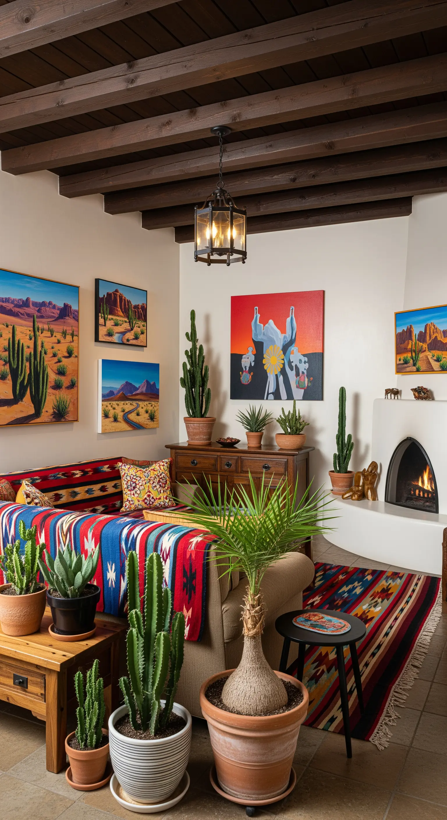 Salotto in stile Southwestern con camino, travi a vista, tessuti a strisce e quadri di deserti.
