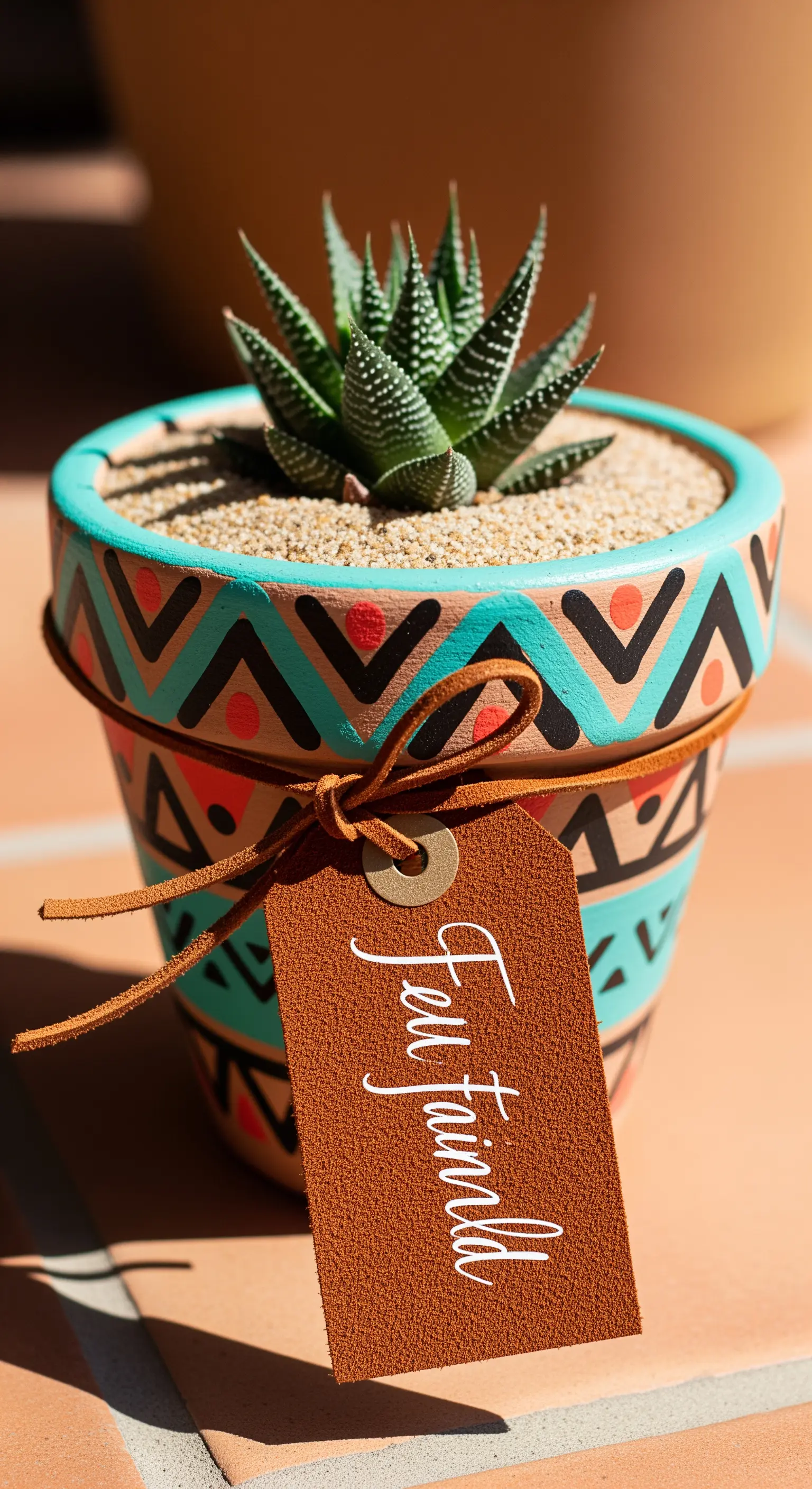 Vaso di terracotta con motivi geometrici turchesi e rossi, con un'etichetta in pelle scamosciata.