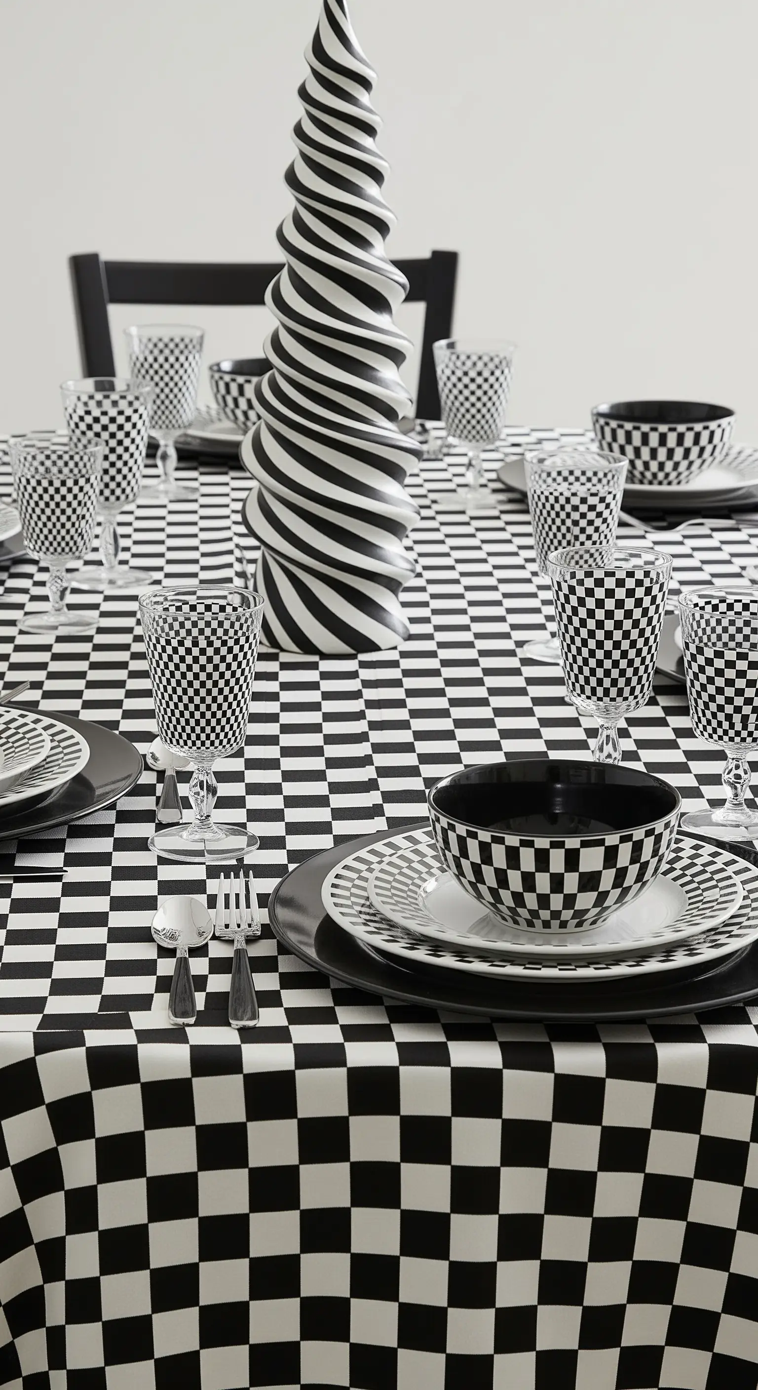 Tavola di Halloween interamente decorata con un motivo a scacchi bianchi e neri.