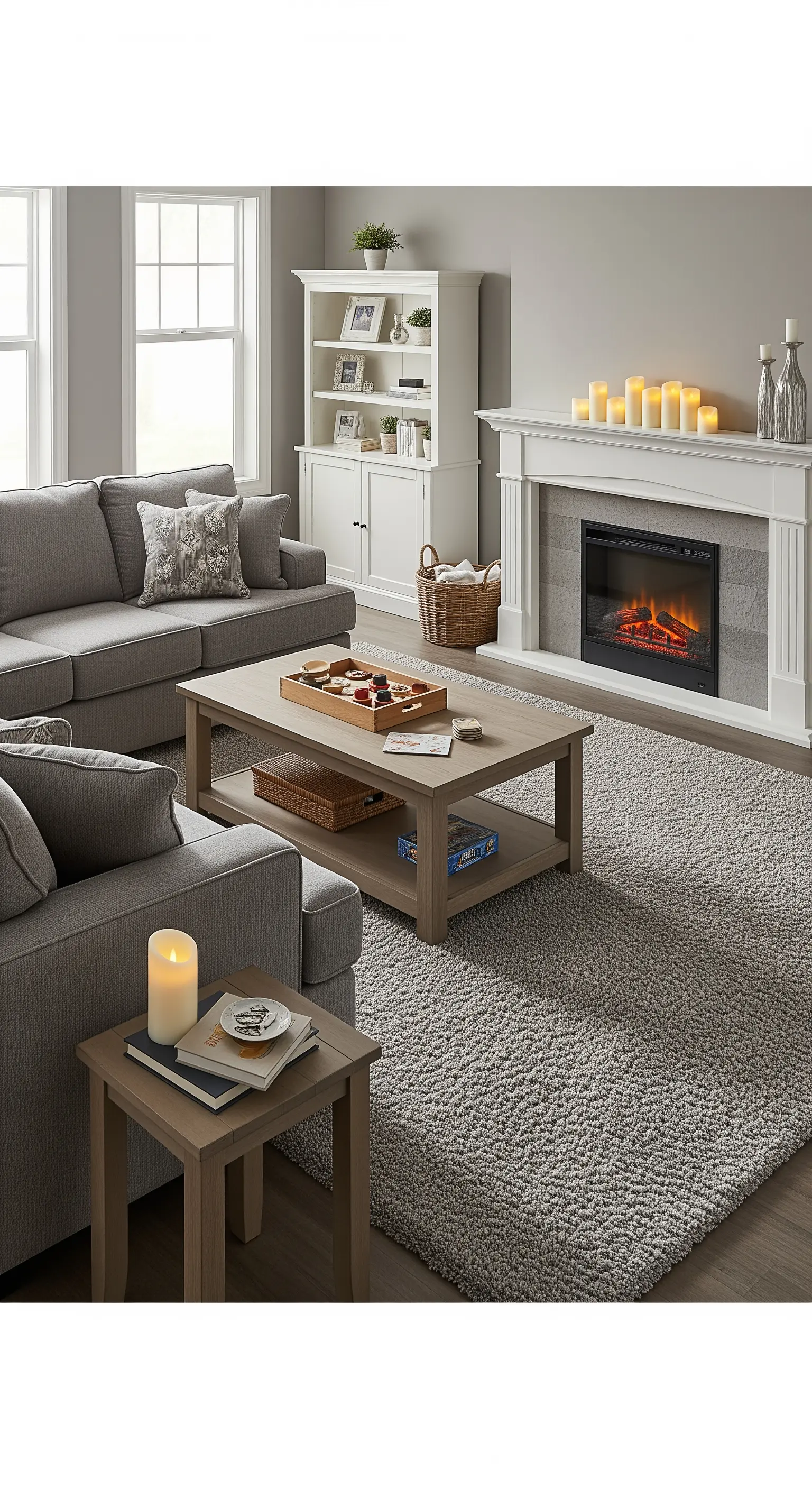 Soggiorno grigio in stile transizionale con camino bianco e arredi funzionali.