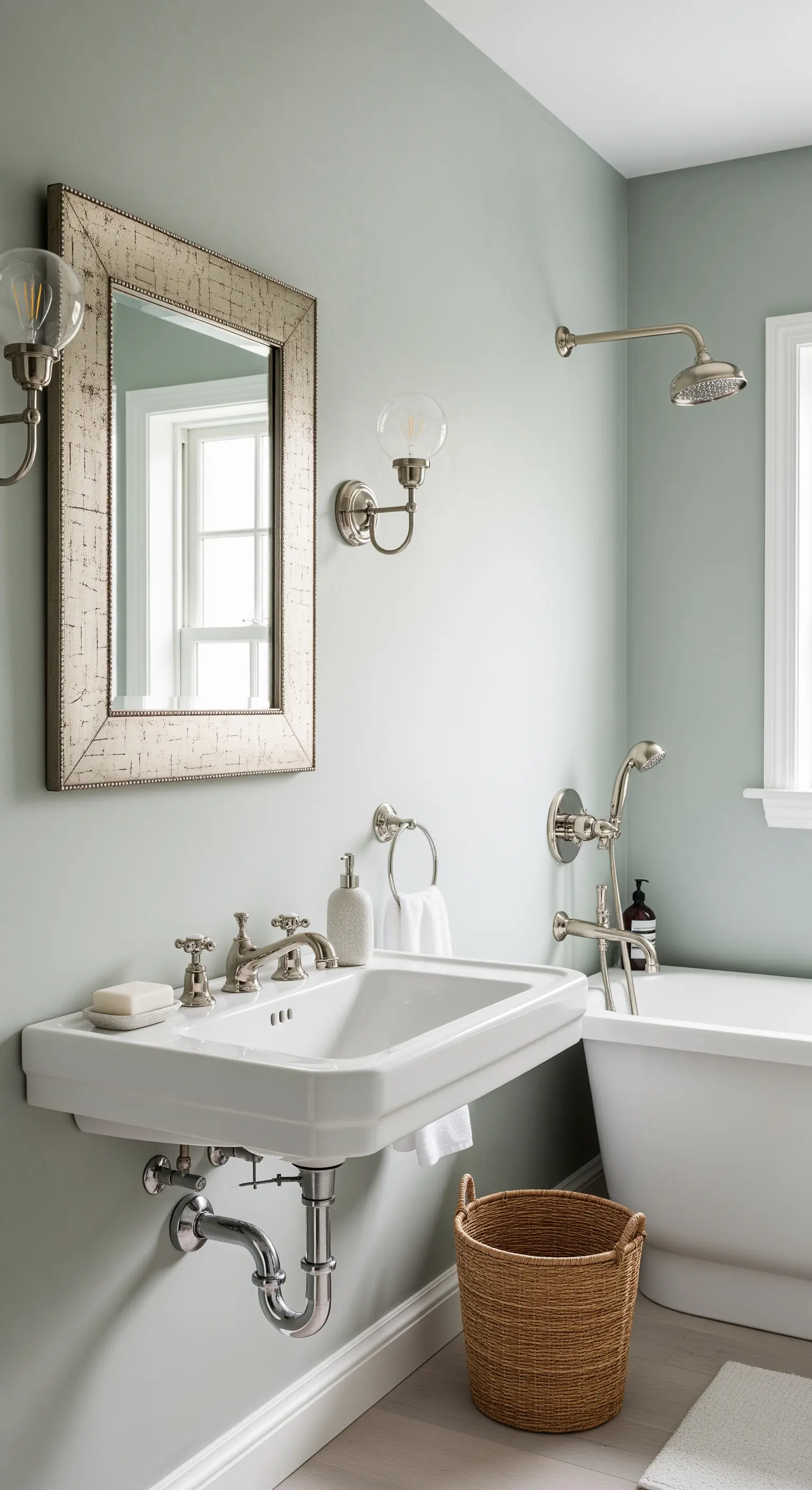 Lavabo a console classico con finiture cromate in un bagno color salvia.