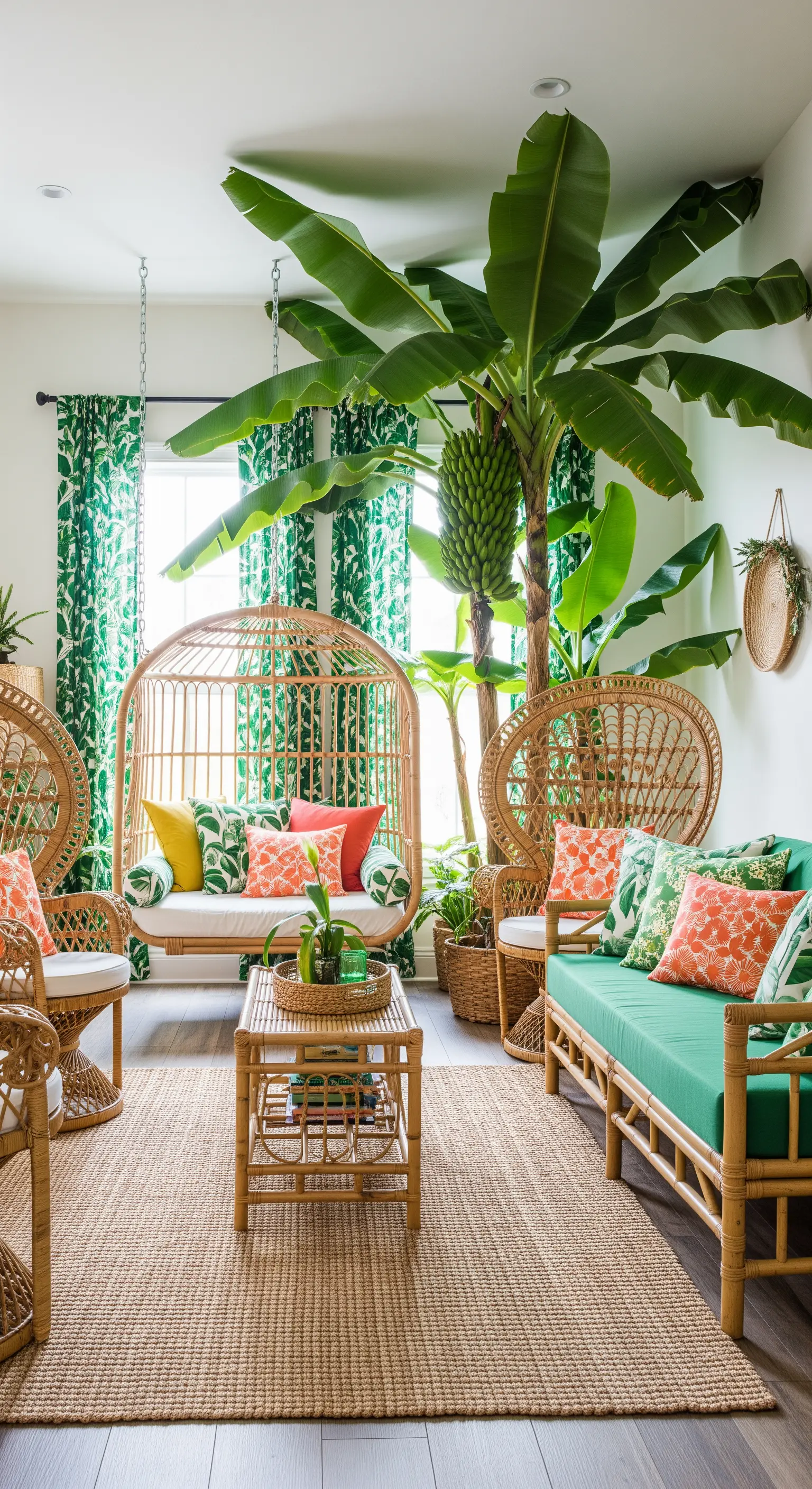 Soggiorno in stile tropicale con un grande banano, mobili in rattan e tessuti a tema.