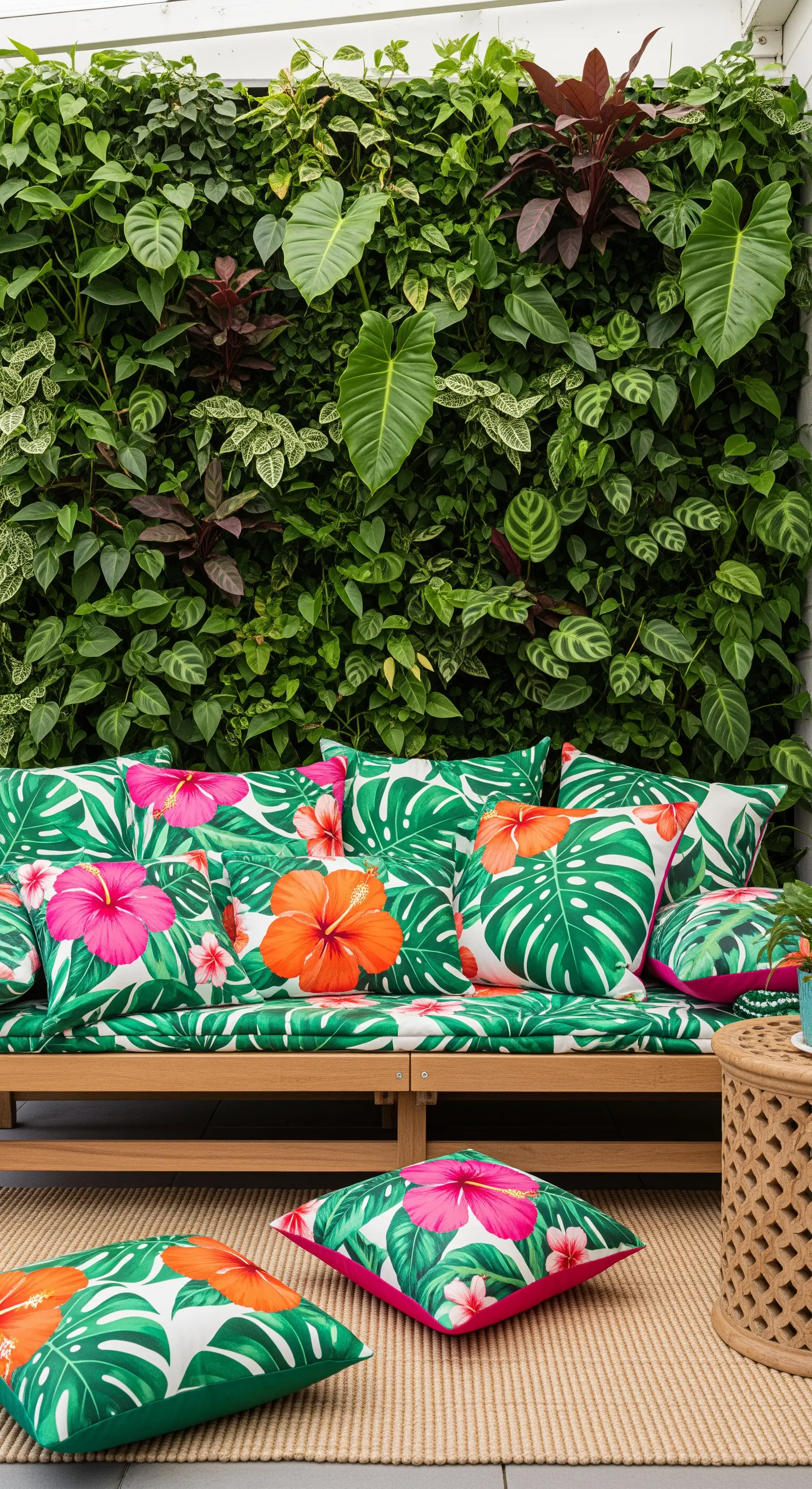 Divano con cuscini a stampa tropicale di fronte a una parete lussureggiante di piante esotiche.