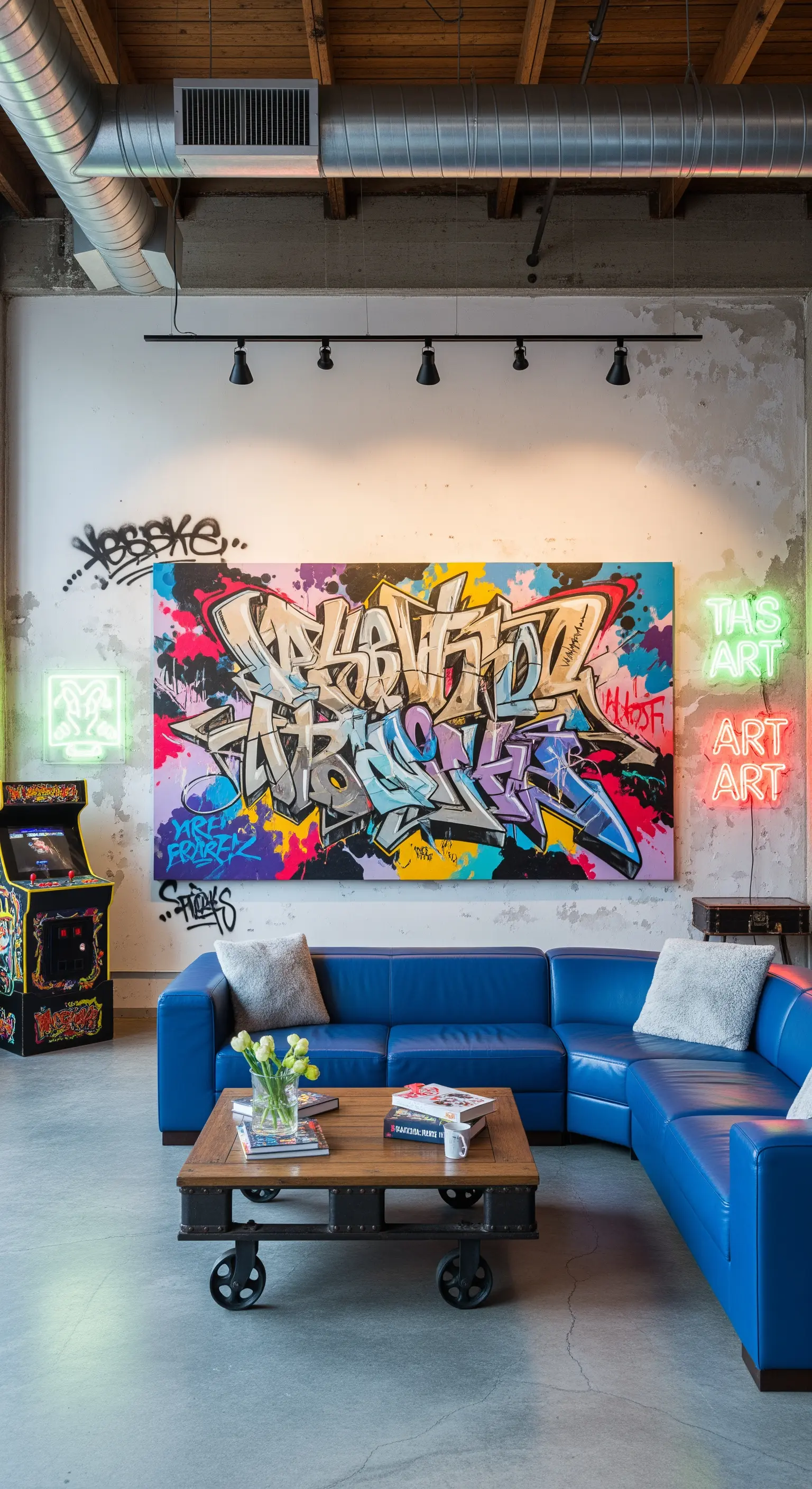 Soggiorno industriale con murale a graffiti, divano in pelle blu e luci al neon.