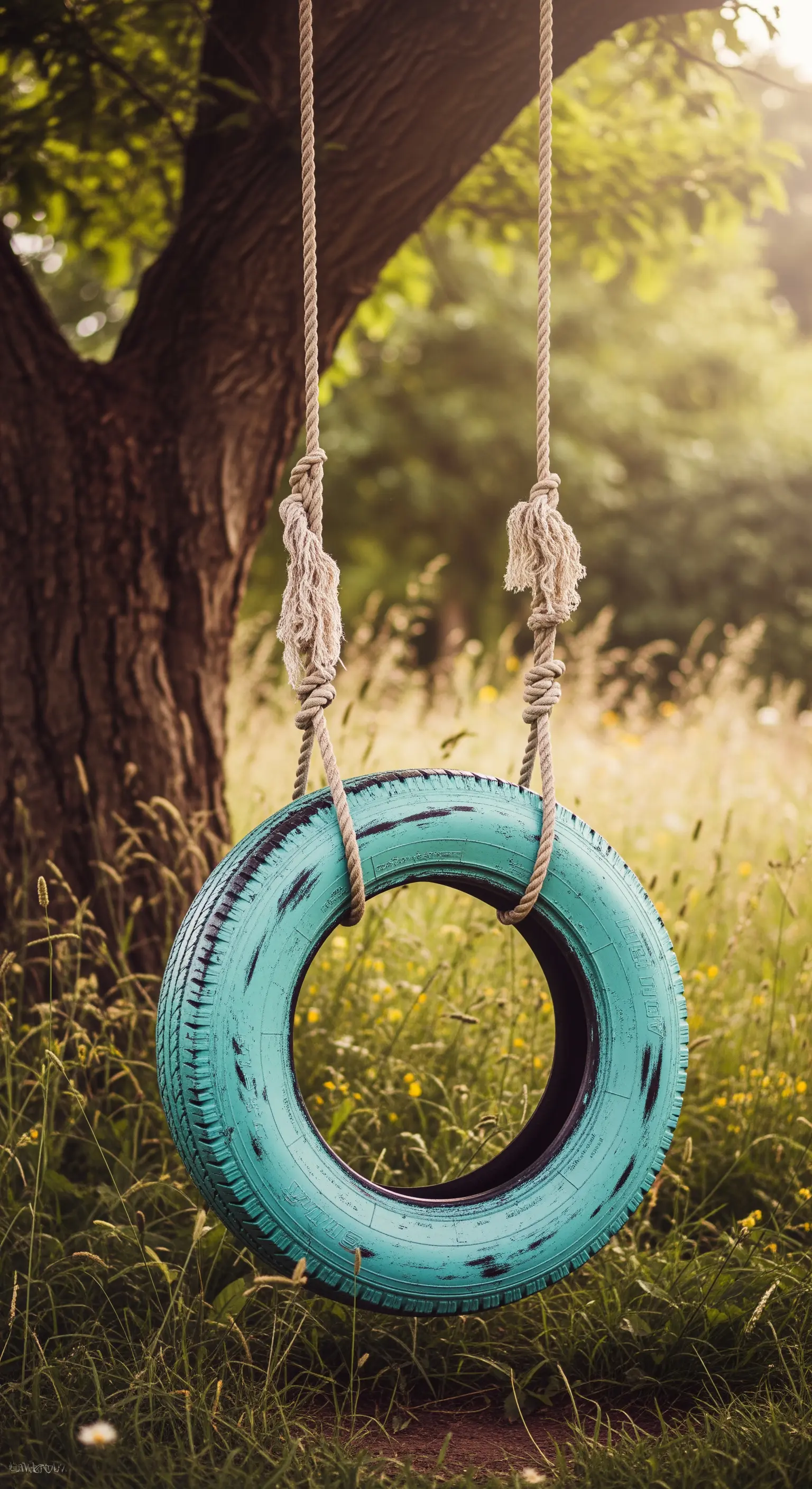 Altalena con pneumatico turchese dall'aspetto invecchiato, appesa a un albero in un prato.