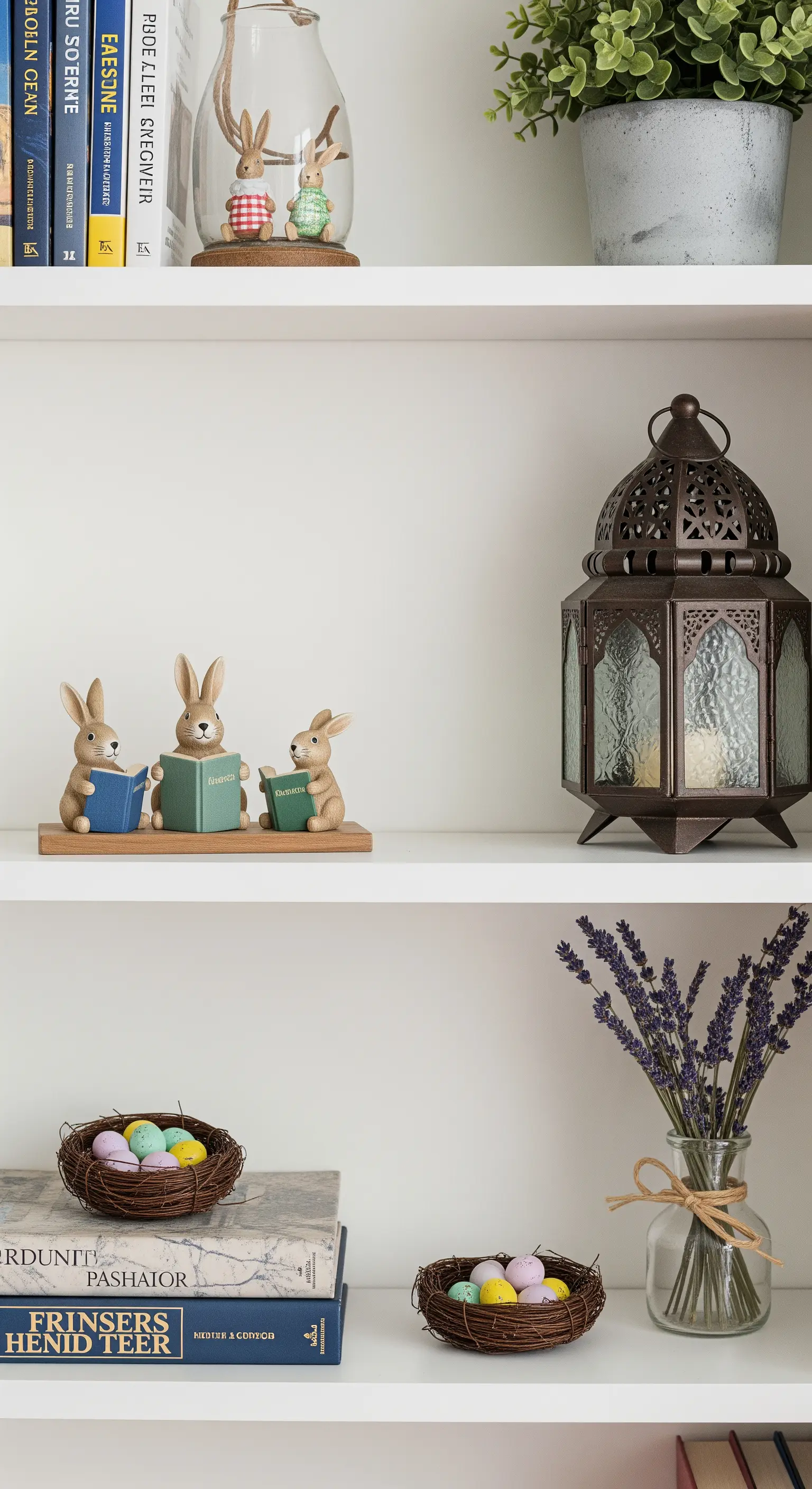 Scaffali di una libreria decorati per Pasqua con nidi, coniglietti, libri e una lanterna.