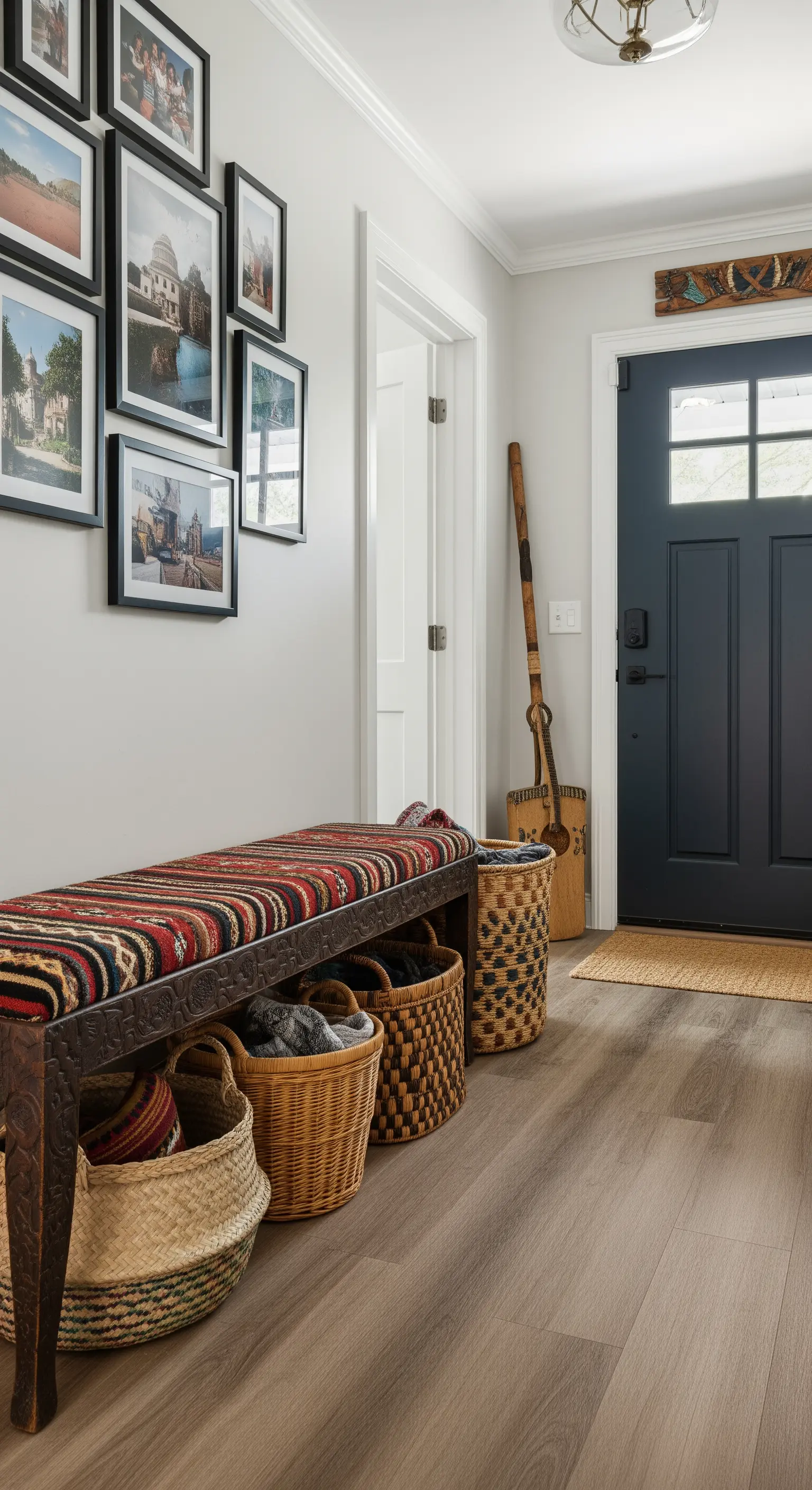 Ingresso con panca coperta da un tessuto etnico, cesti intrecciati e una galleria di foto di viaggio.