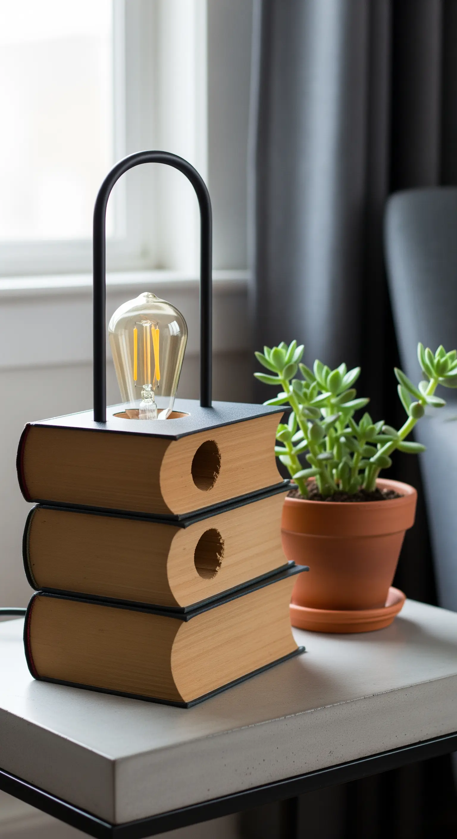 Lampada da tavolo con base composta da tre libri antichi impilati e forati.